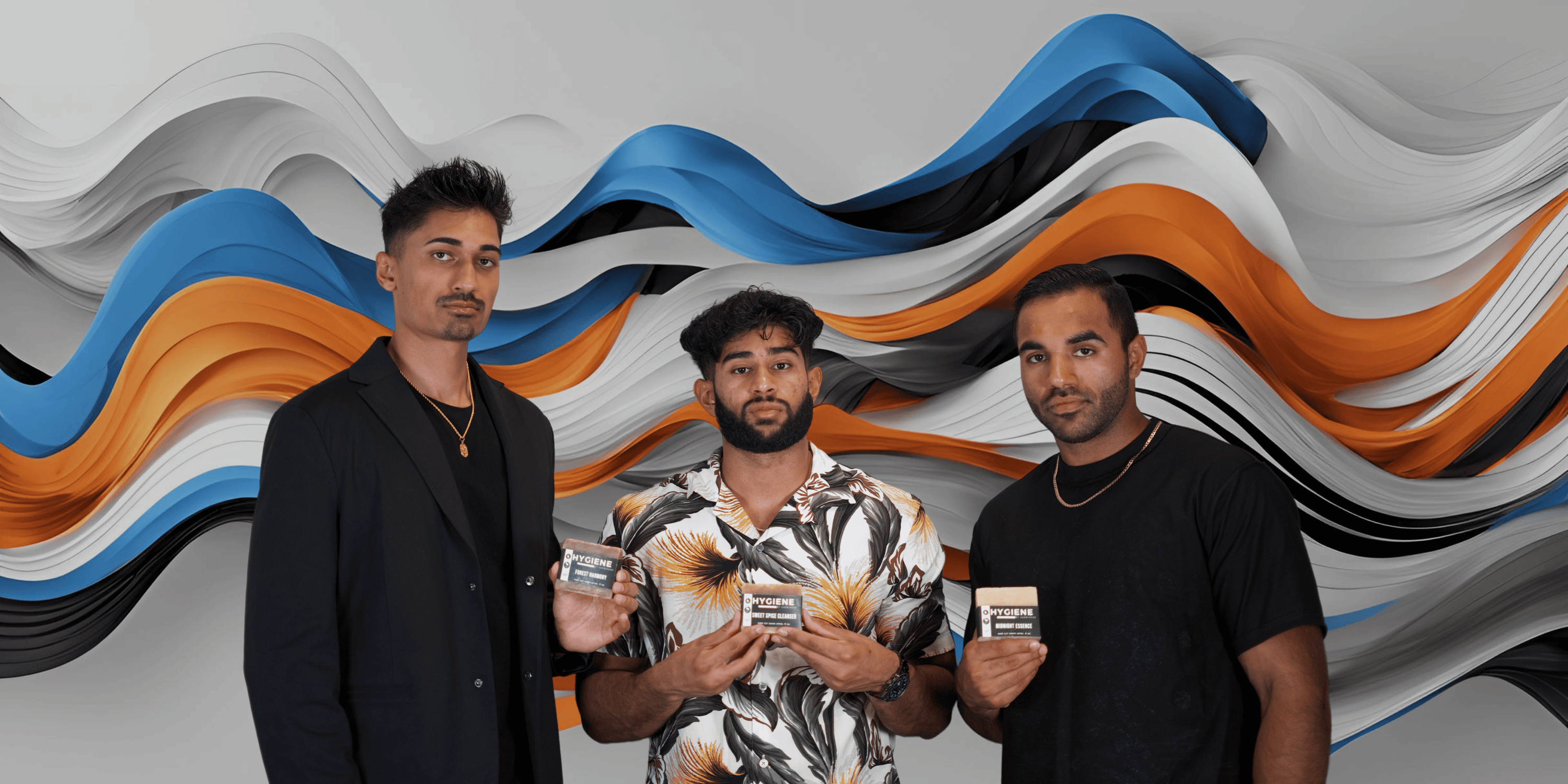 three guys holding bar soaps