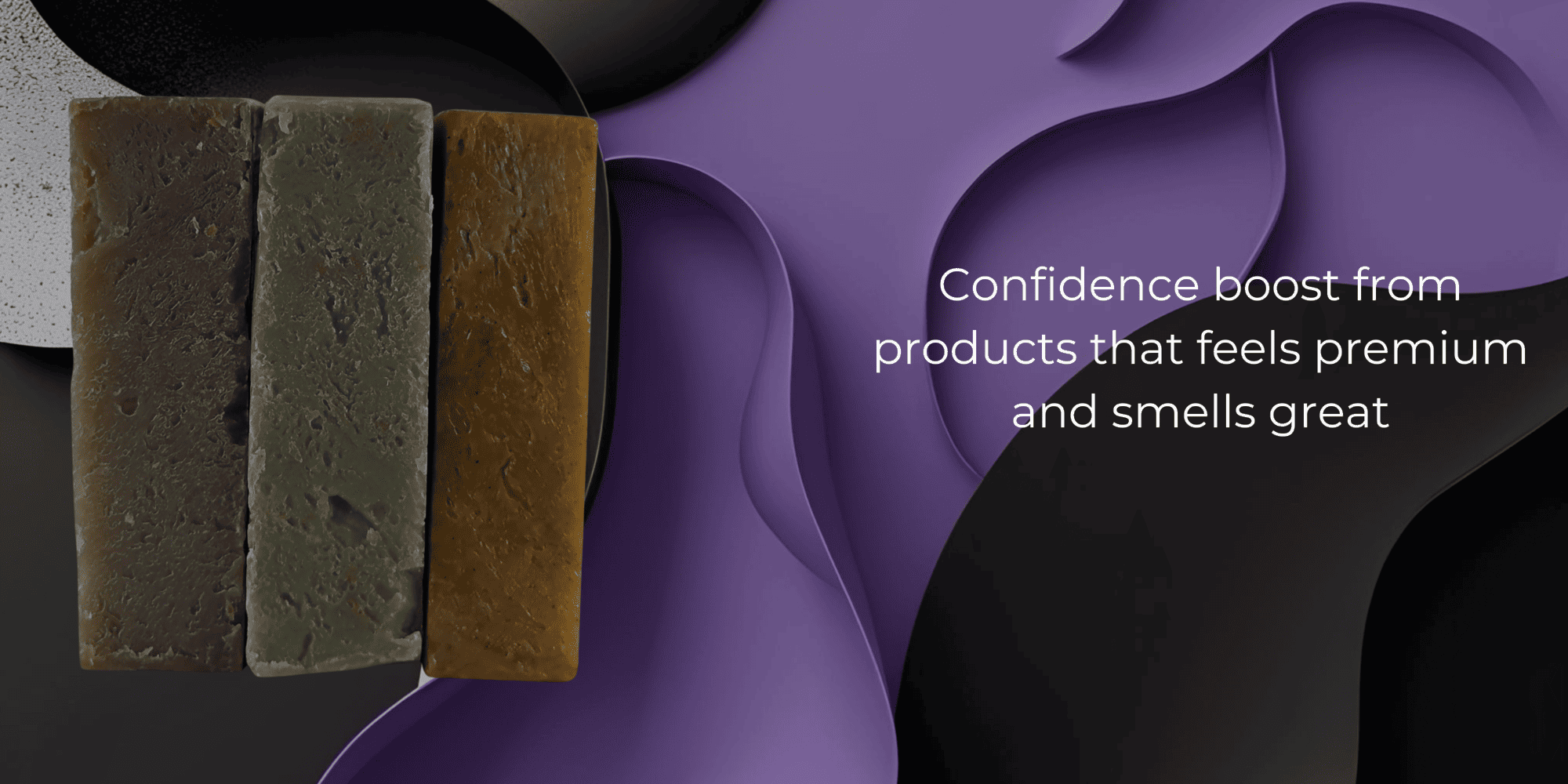 Three bars of soap on a purple and black background with text about product confidence boost.
