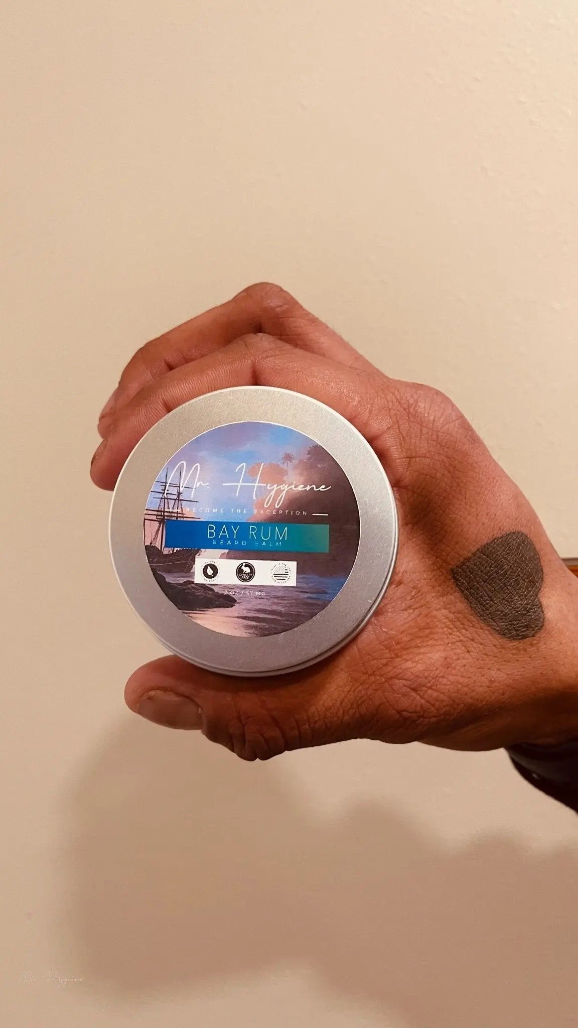 Bay-Rum-Organic Beard-Balm in hand