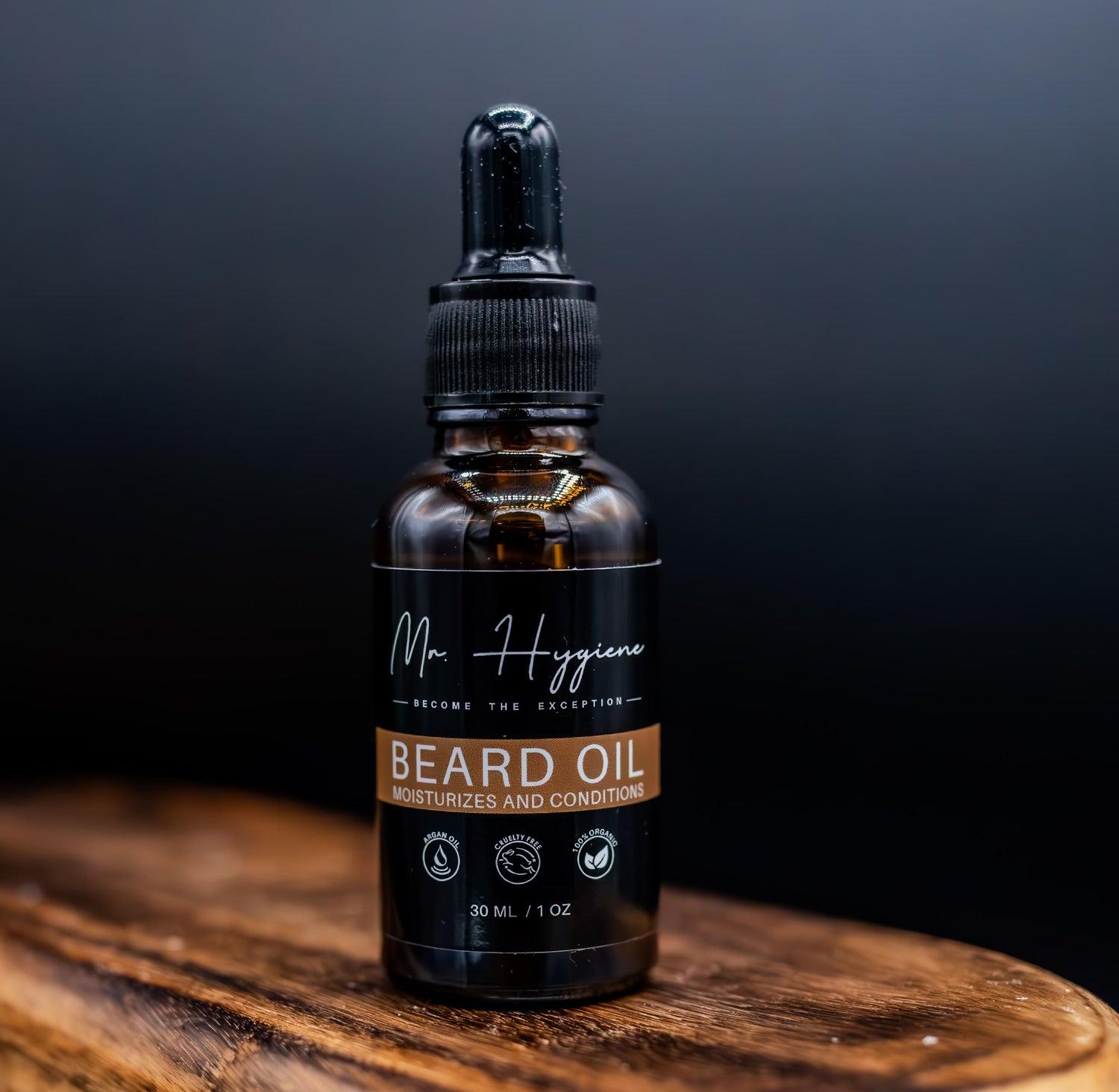 Beard oil on wooden board