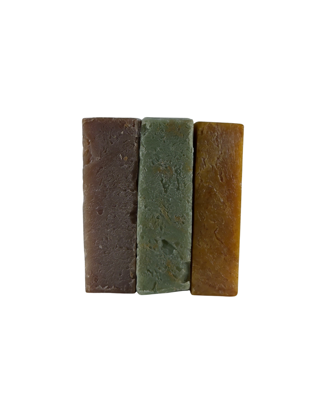 Three rectangular soap bars in brown, green, and orange on a white background