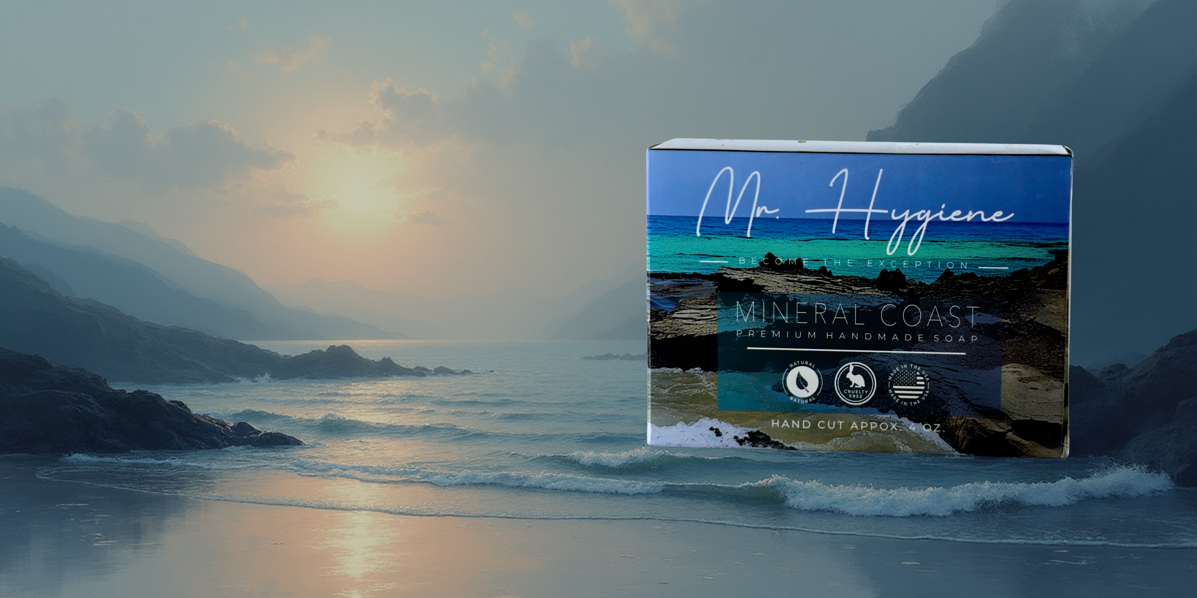 Mr Hygiene product packaging with a scenic ocean and mountain background
