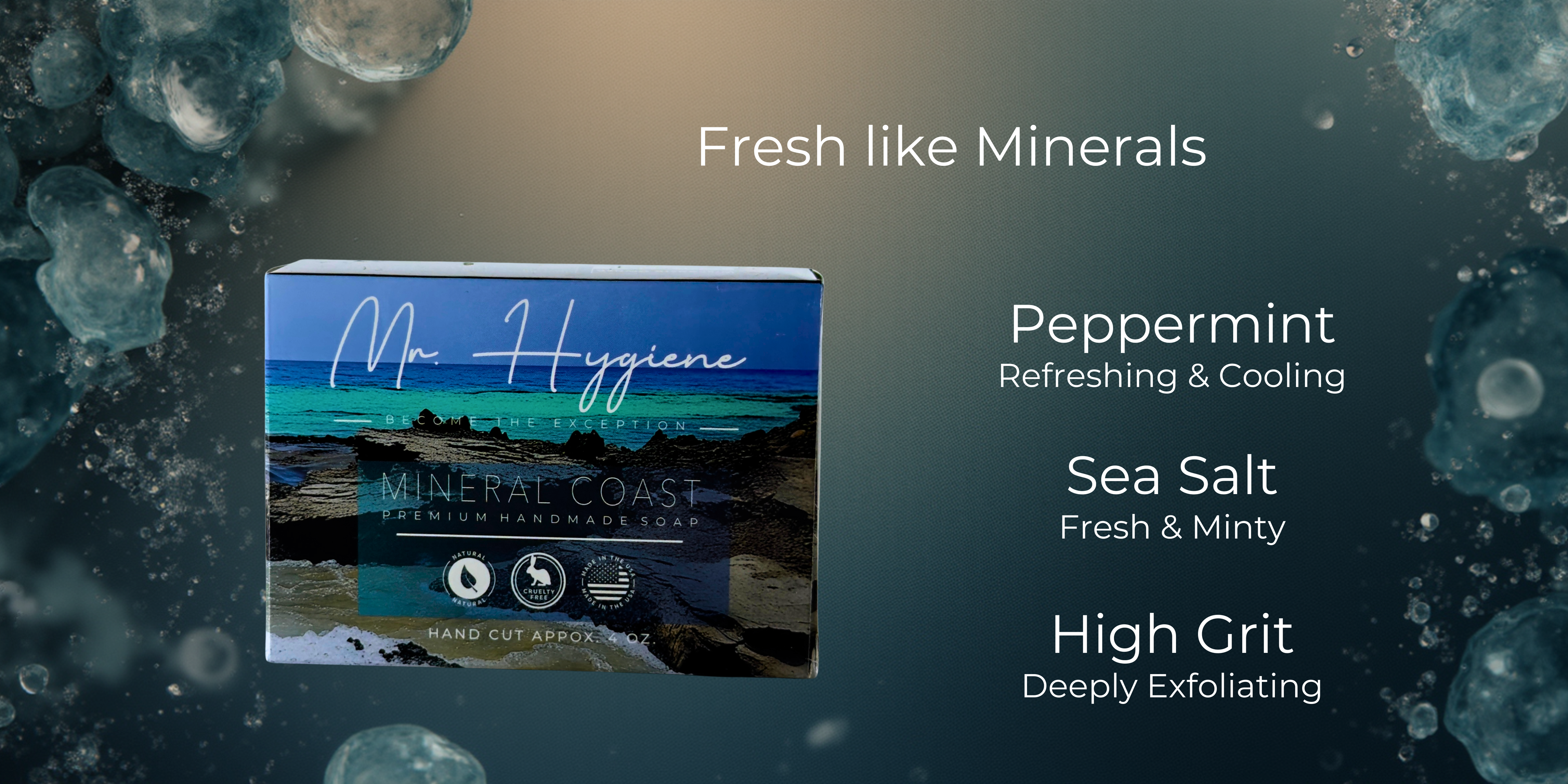 Mineral Coast Handcrafted Soaps packaging with product features on a dark background