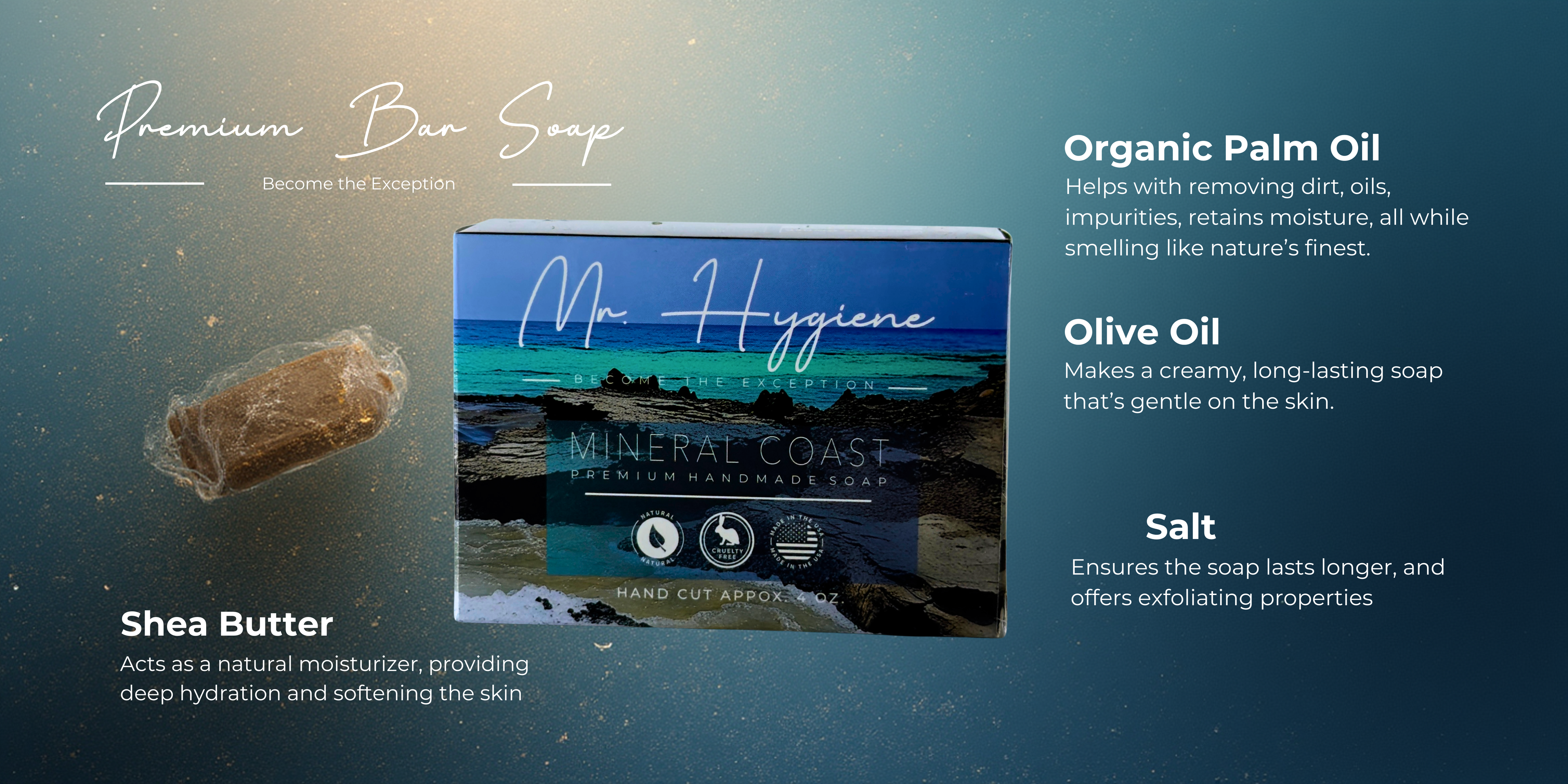 Man & Hygiene soap packaging with product details on a gradient background