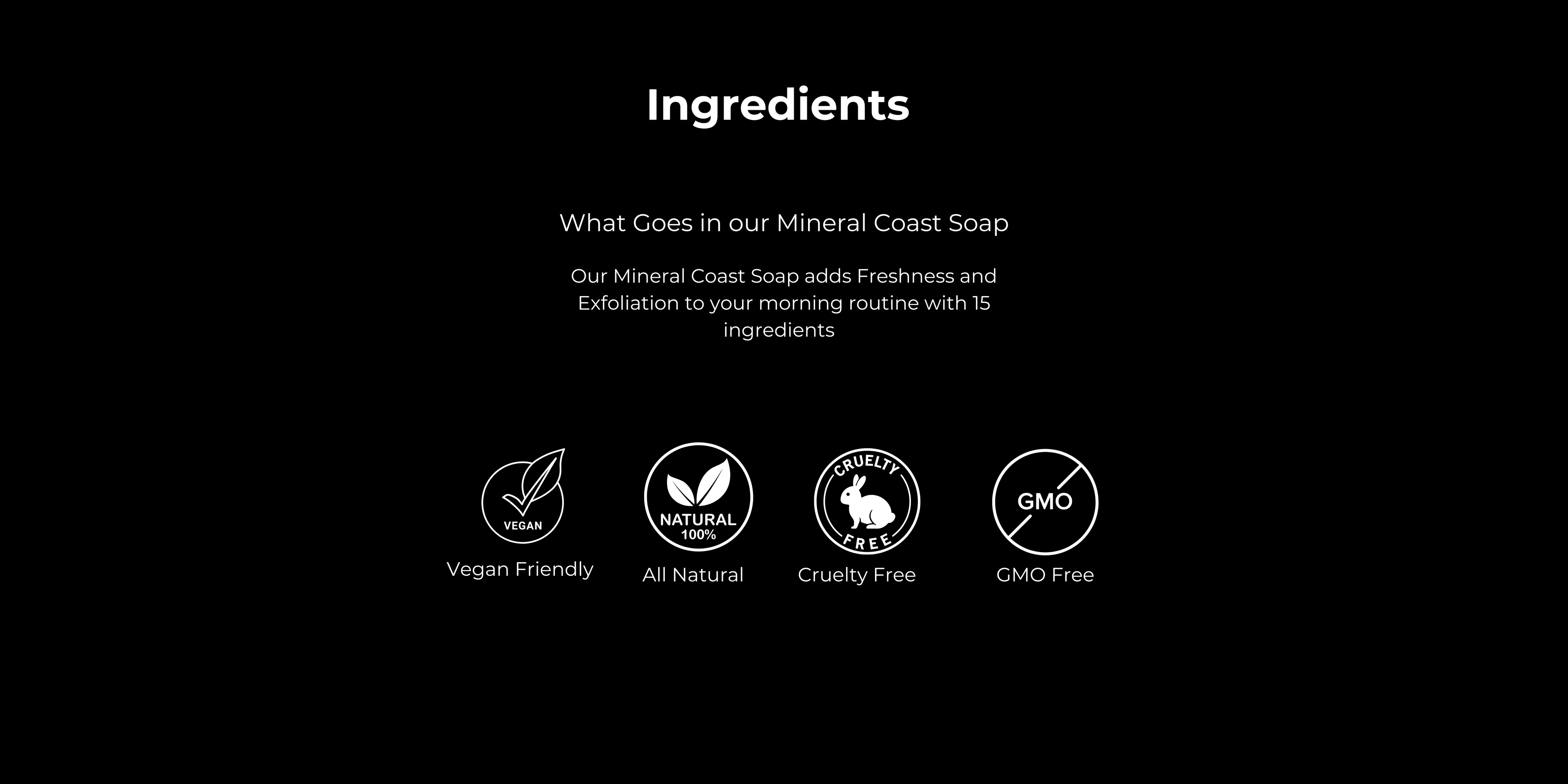 List of ingredients and product features for Mineral Coast Soap on a black background