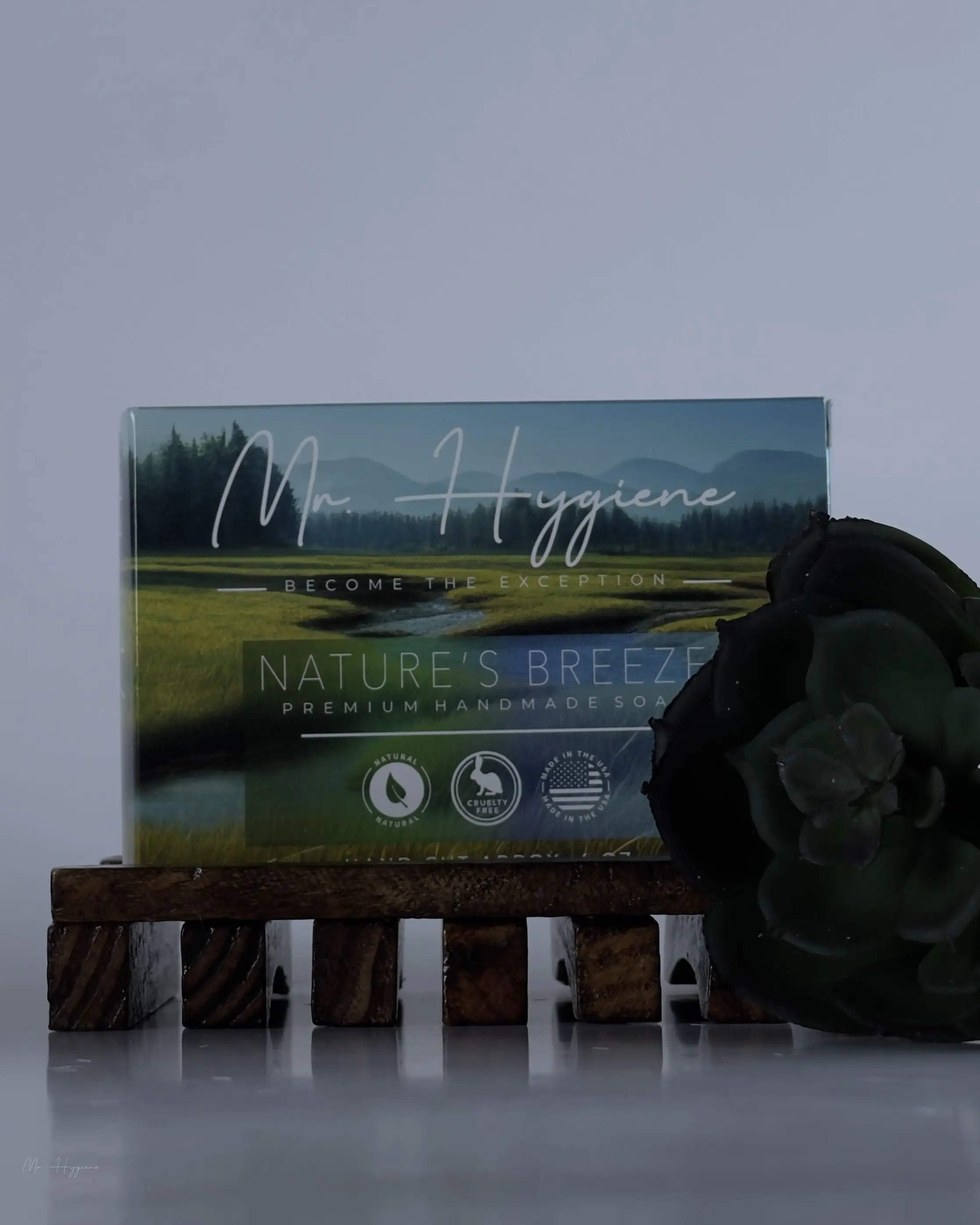Natures Breeze Bar Soap with flower and wooden dish