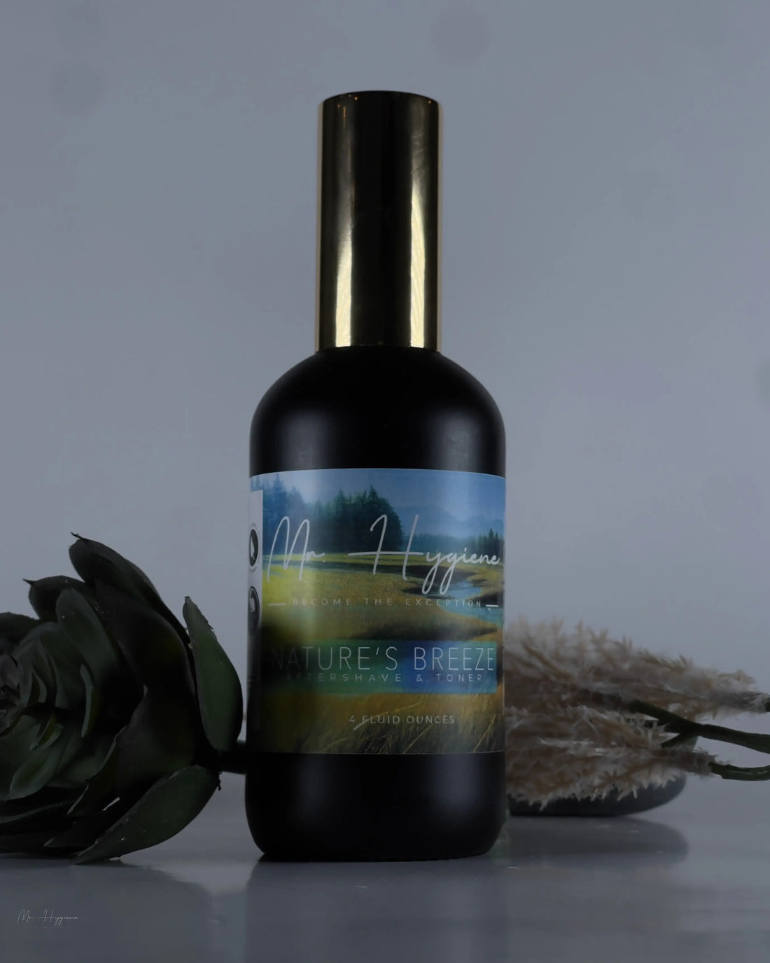 Natural Aftershave with white background and props