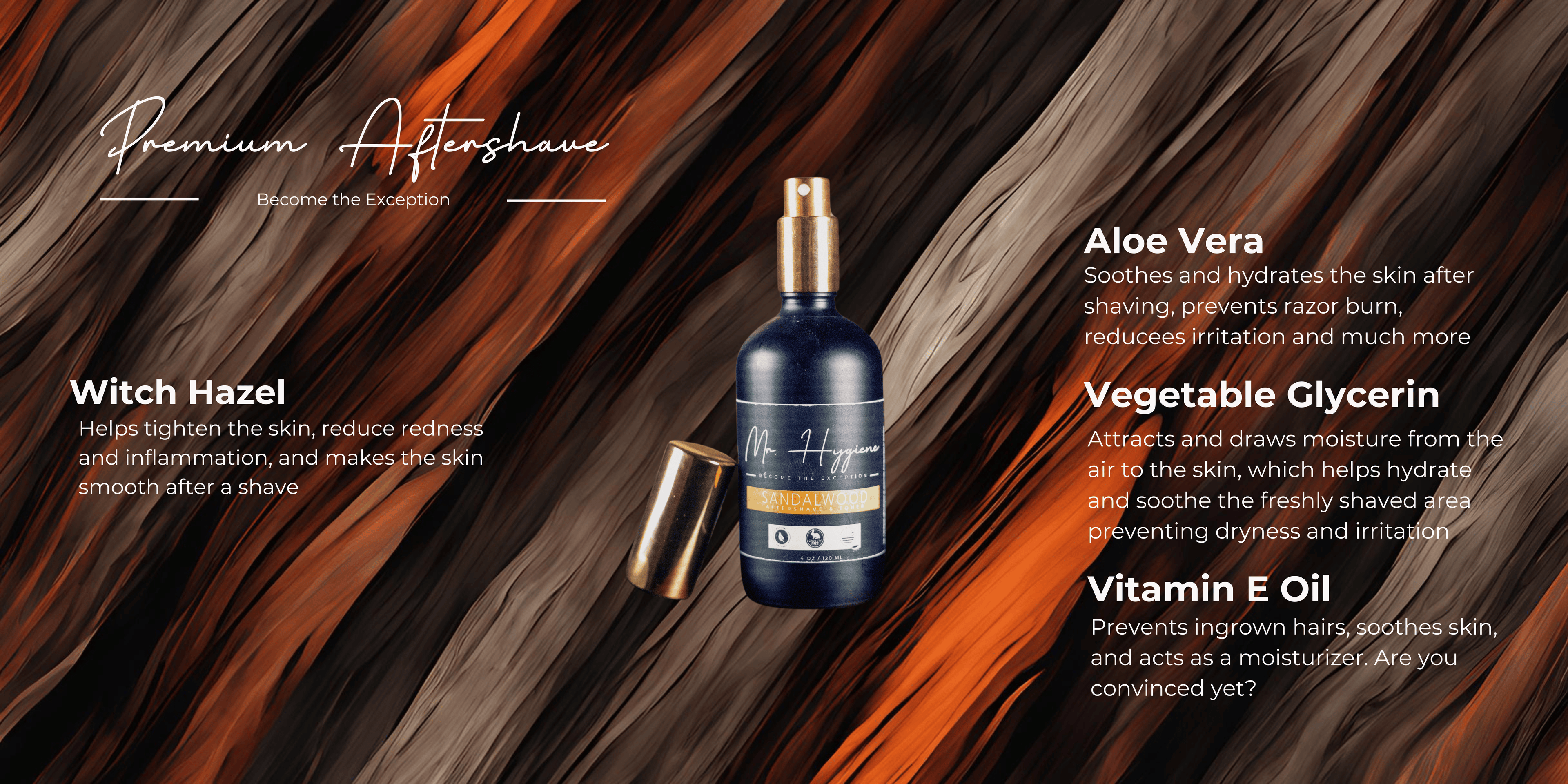 Aftershave bottle with product details on a brown and orange abstract background