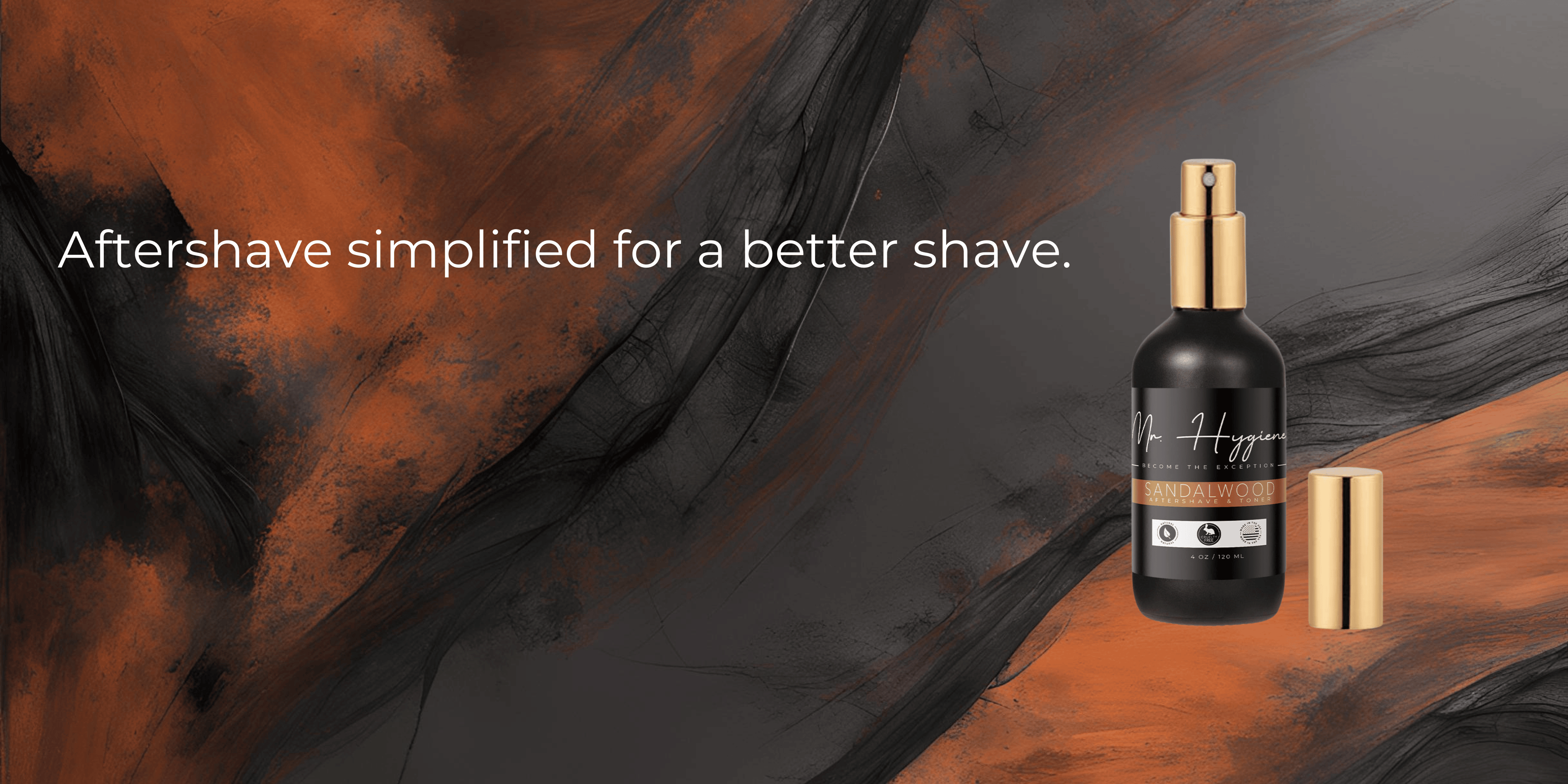 Aftershave bottle with packaging on a textured brown and black background