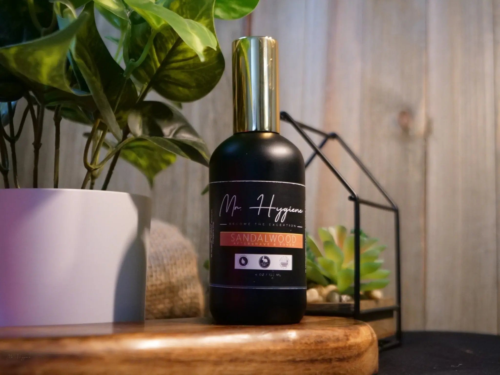 Sandalwood aftershave on wood