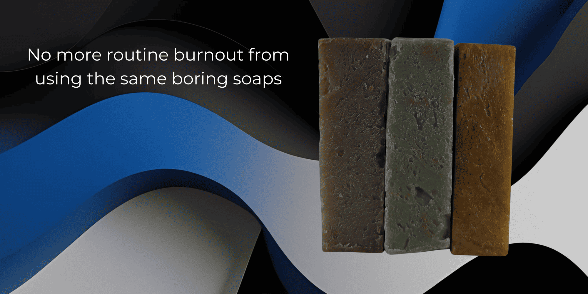 Three bars of soap in different colors on a abstract background with text about soap variety.