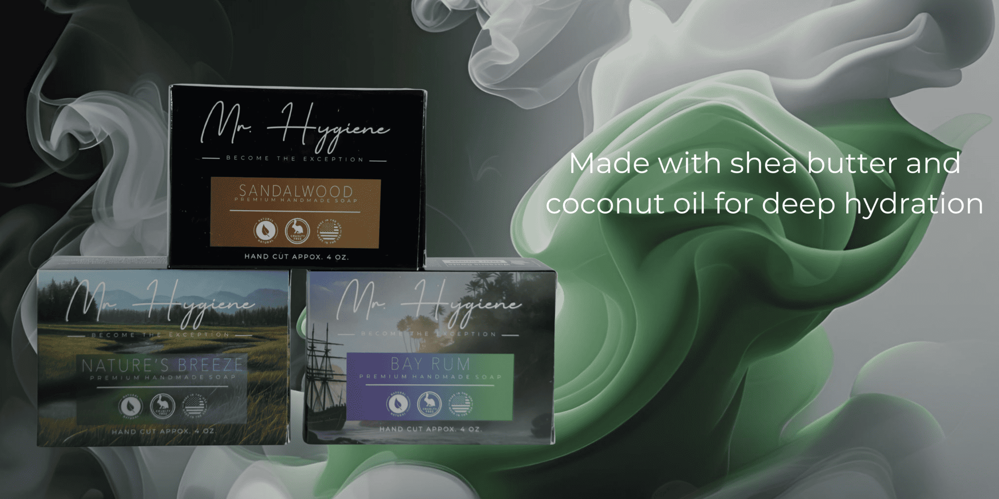 Mr. Hygiene product packaging with green soap bar and text about shea butter and coconut oil.