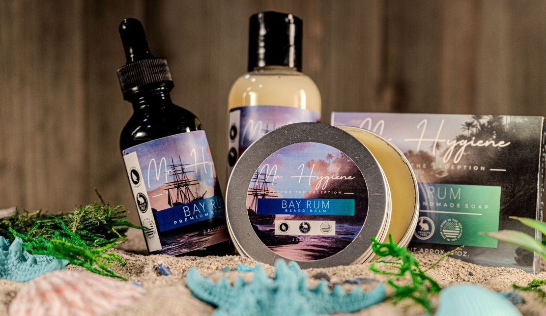 Bay Rum Hygiene Products on Sand