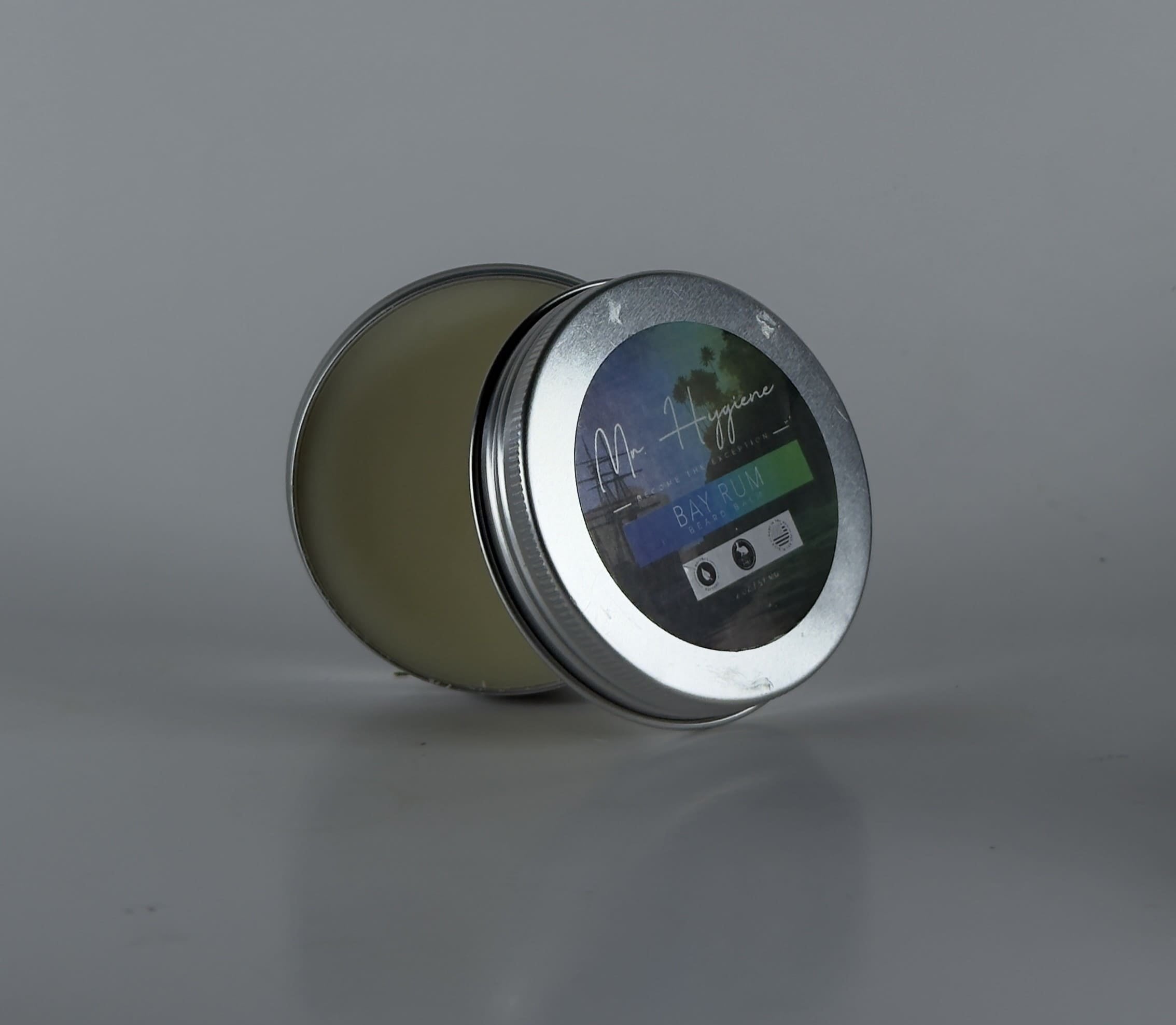 bay rum beard balm opened tin