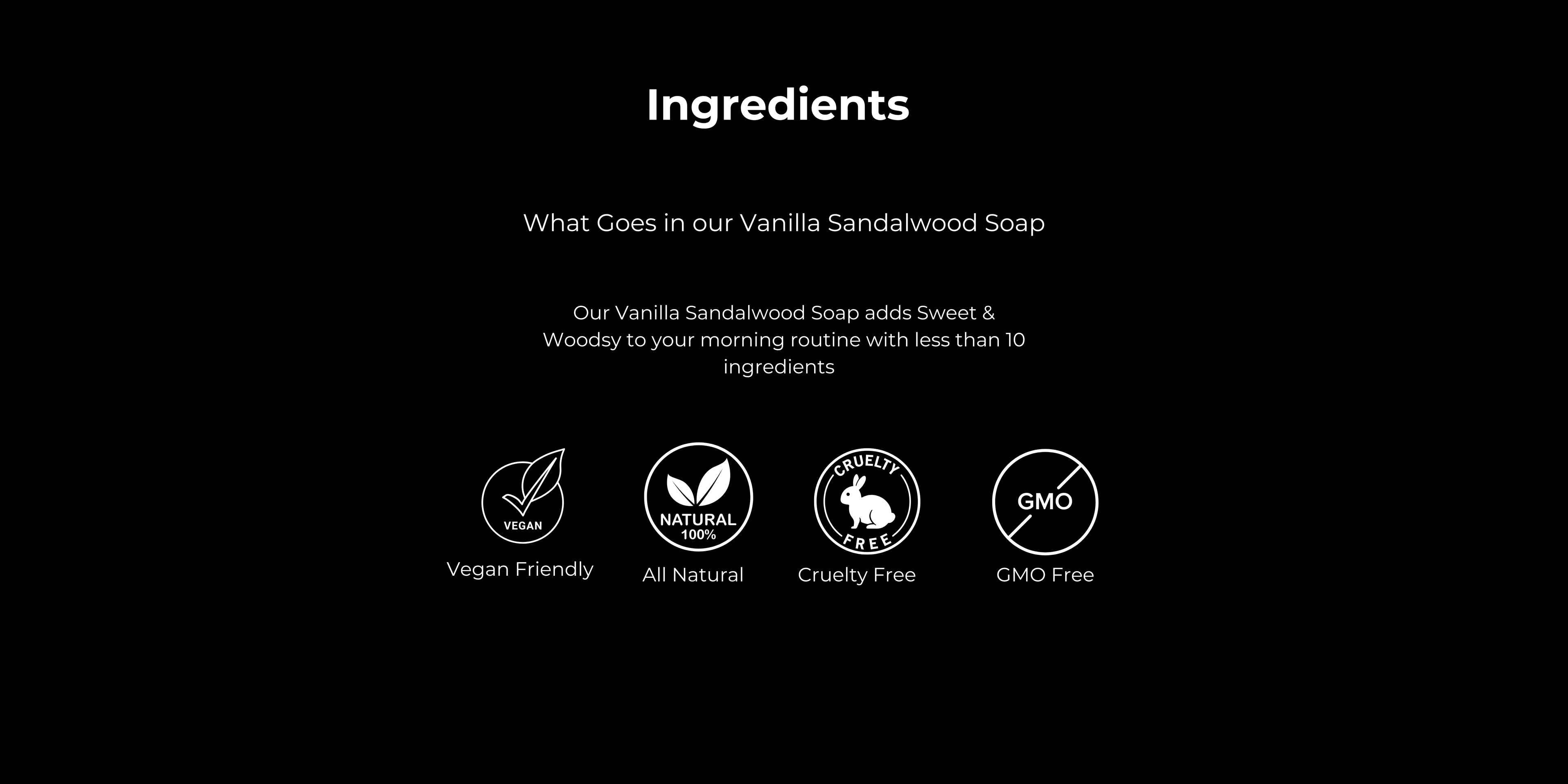 List of ingredients and product features for Vanilla Sandalwood Soap on a black background