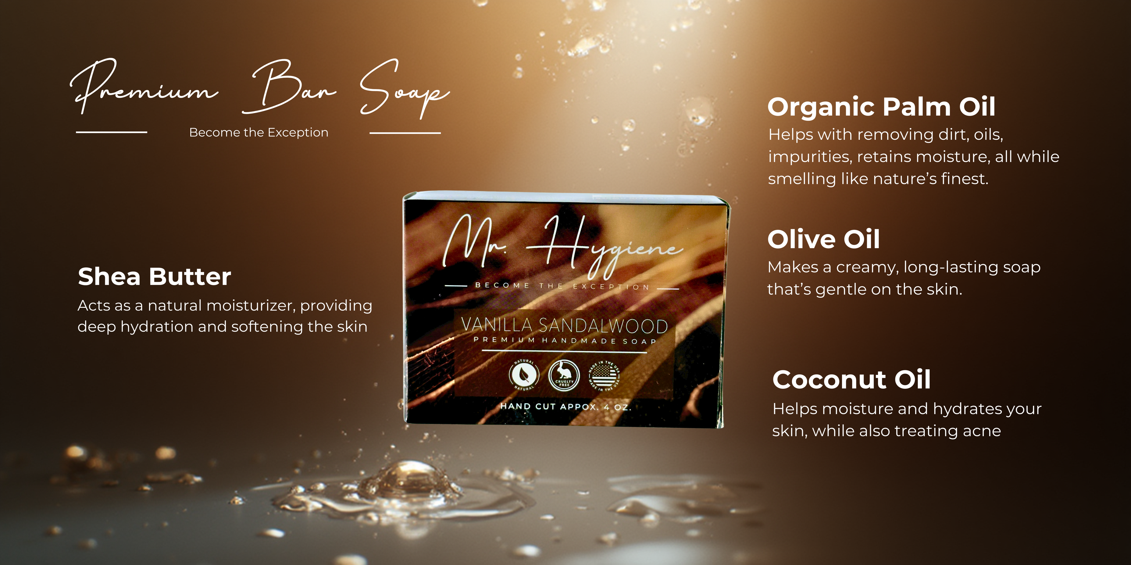 Premium bar soap packaging with product details on a dark background