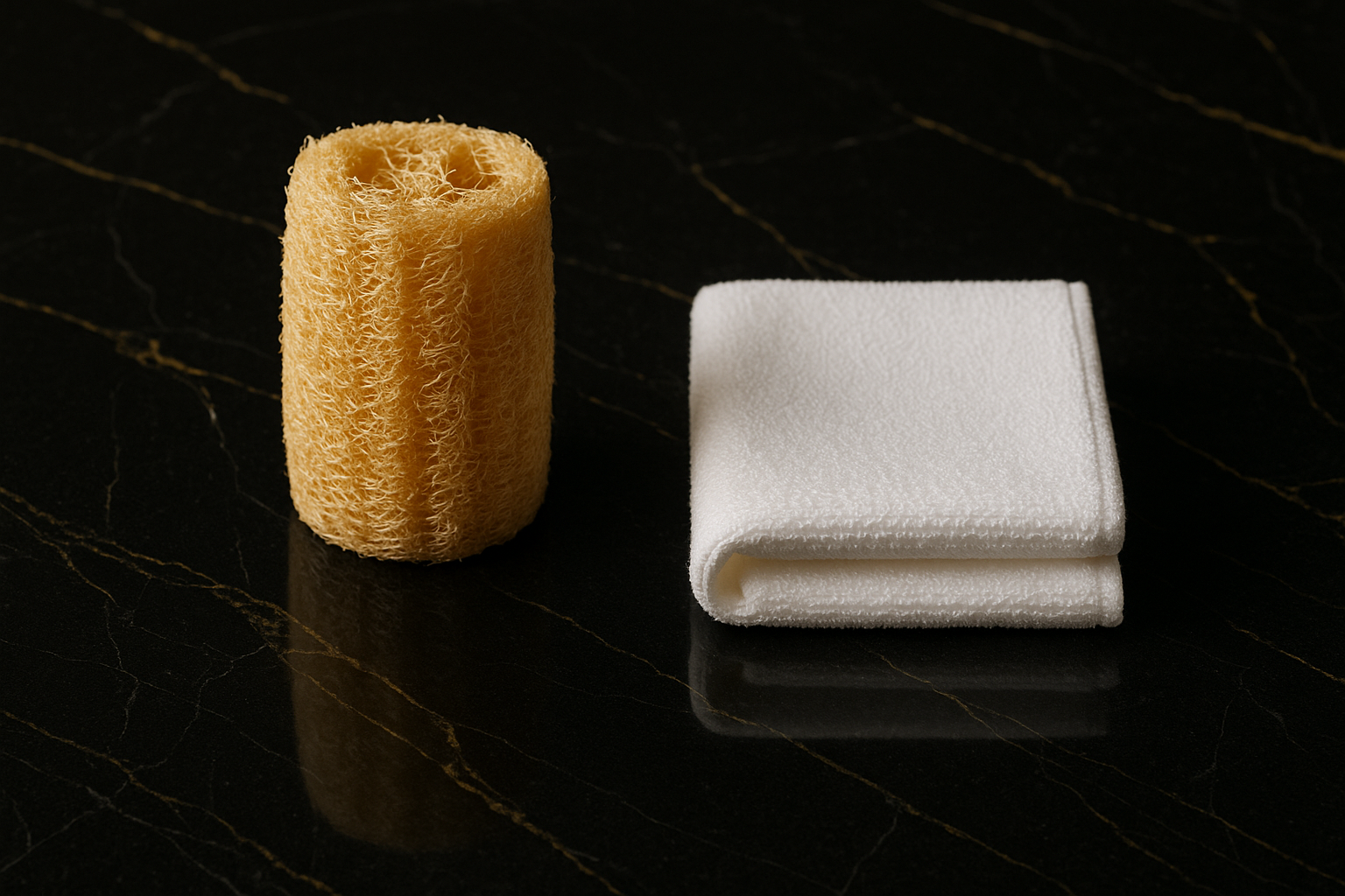 loofa and a washcloth side by side