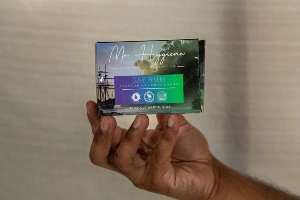 Bay Rum mens soap in hand