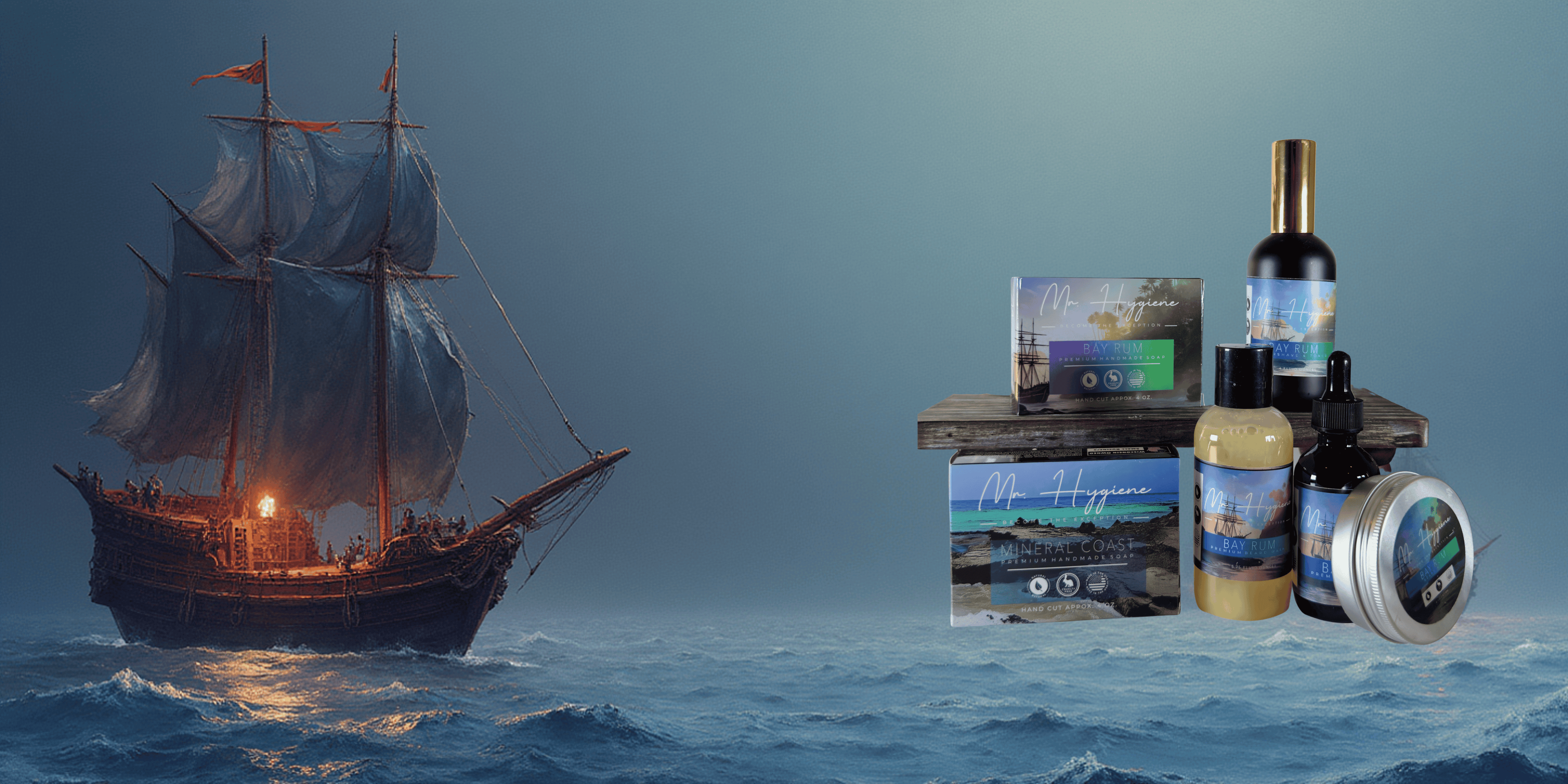 Sailing ship on the ocean with product display in the foreground