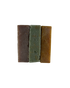 Three rectangular soap bars in brown, green, and orange on a white background