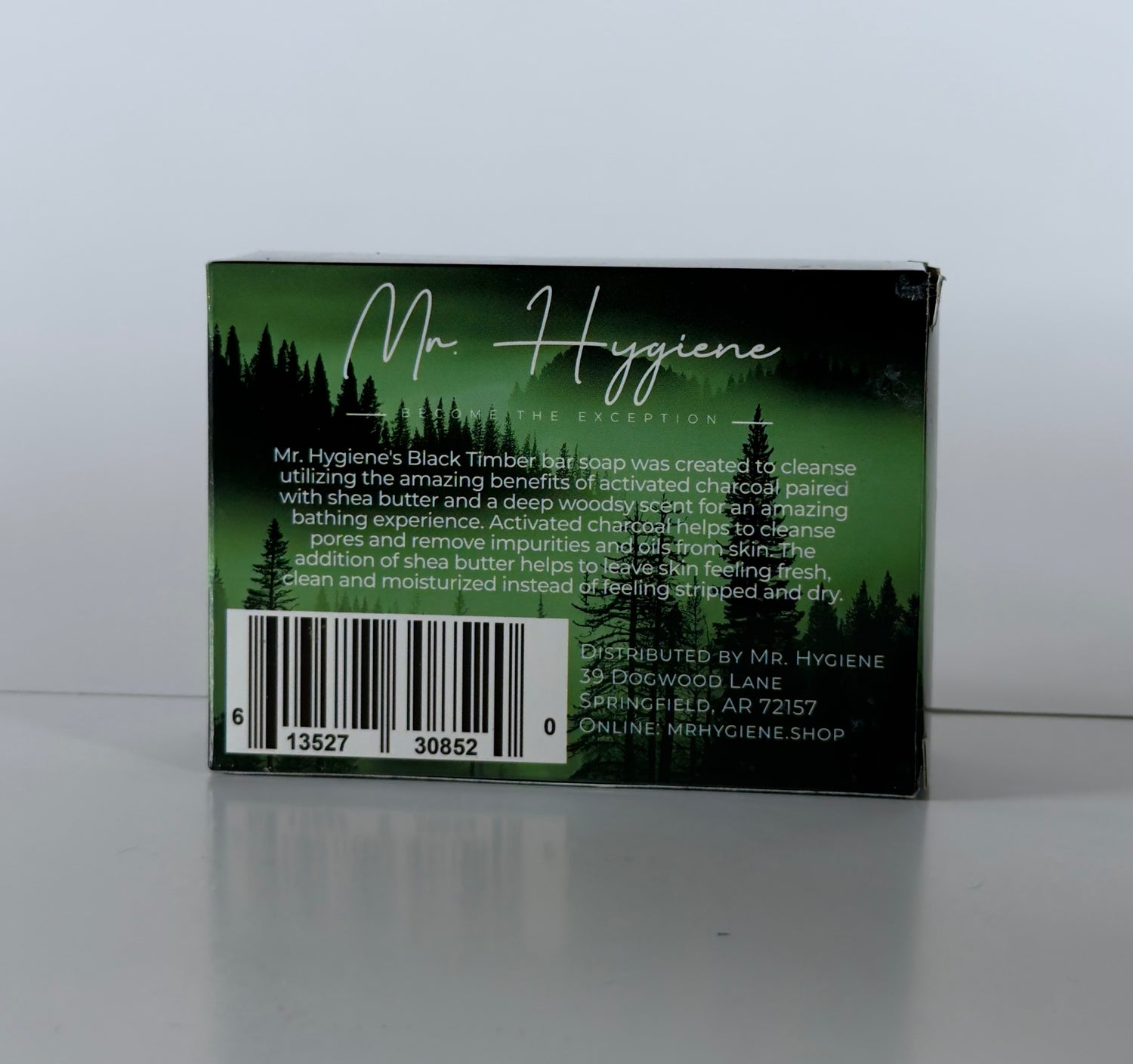 Back of a Mr. Hygiene soap packaging with text and barcode on a white background