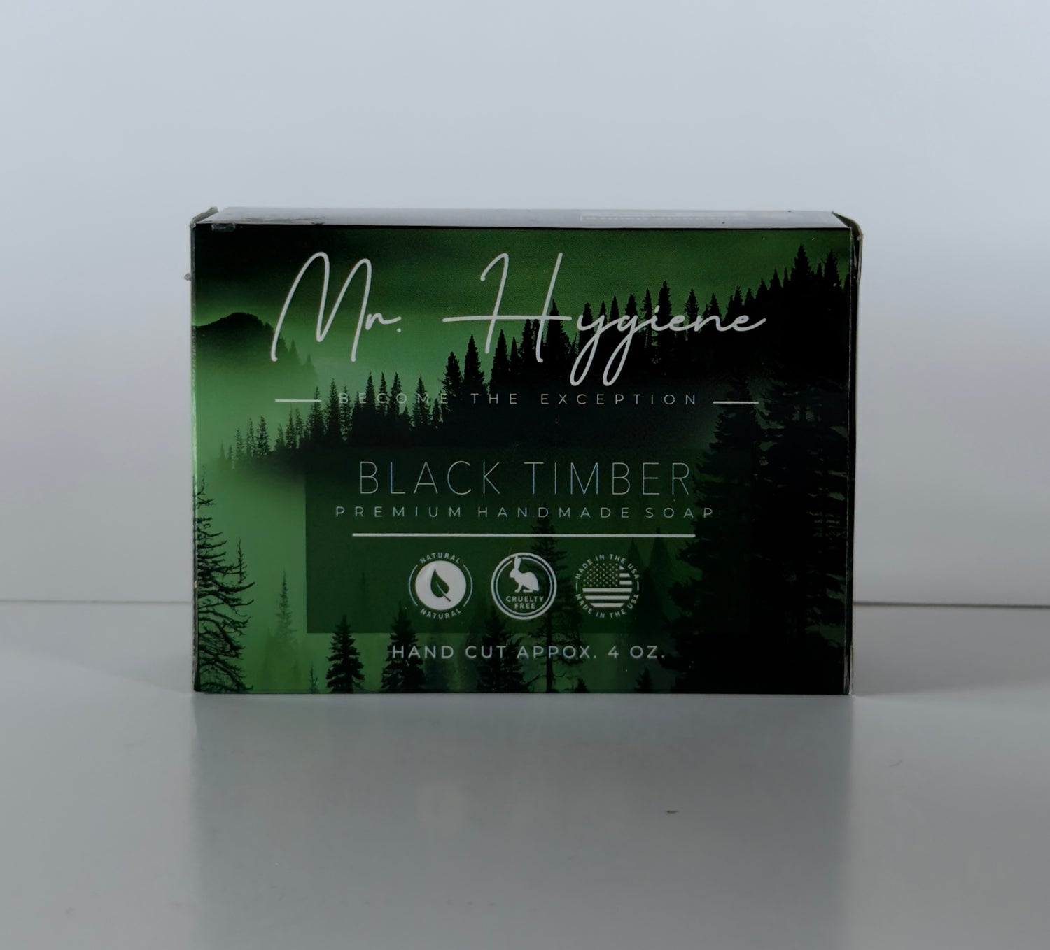 Mr. Hygiene Black Timber soap packaging on a white background