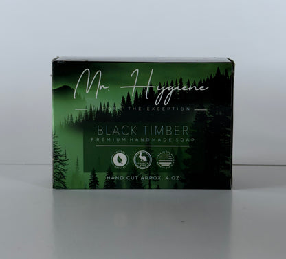 Mr. Hygiene Black Timber soap packaging on a white background