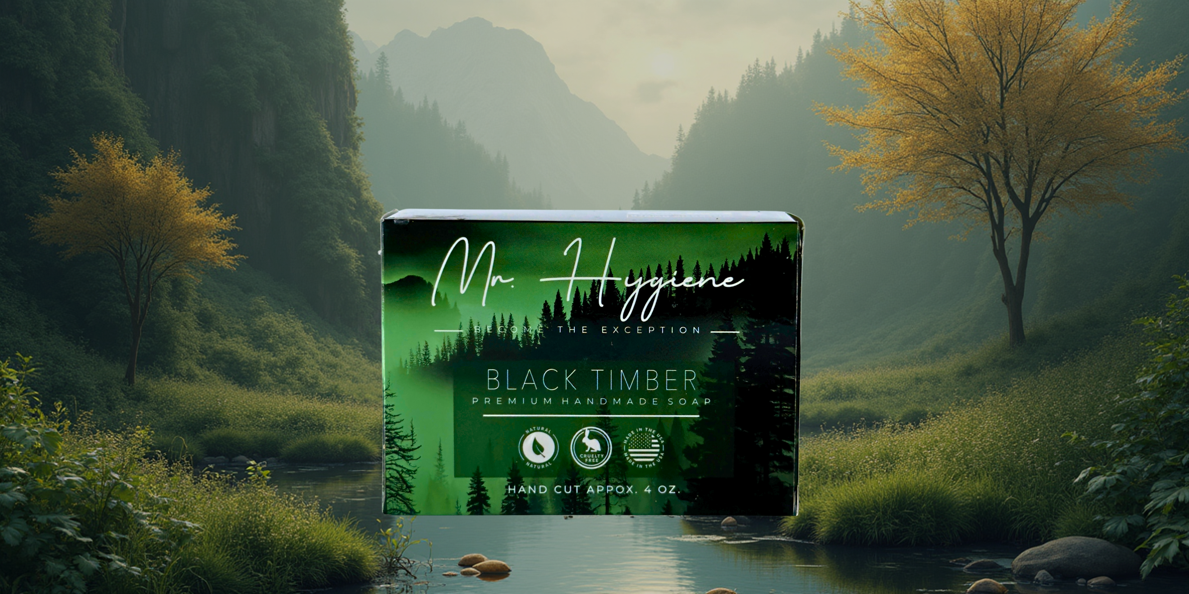 Mr. Hygienne Black Timber premium hand cream packaging in a natural setting with trees and water.