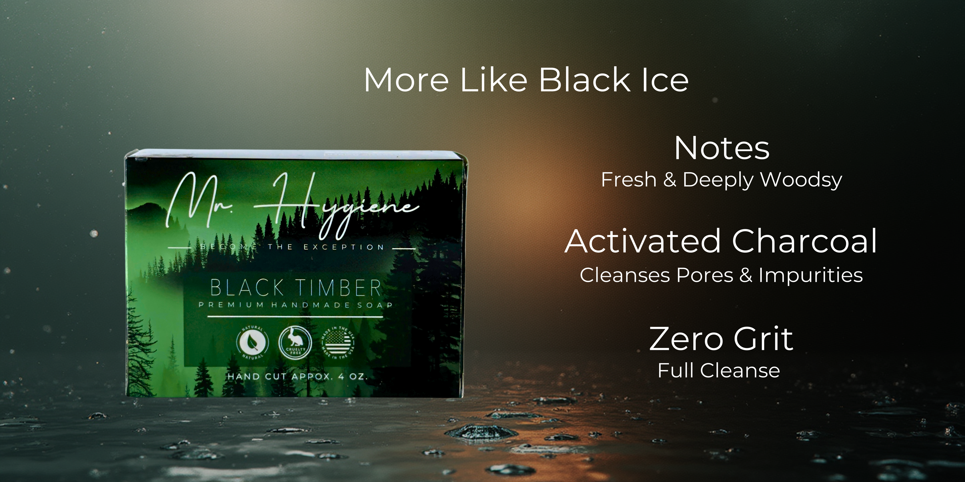 Mr. Hygiene Black Timber hand wash packaging with product details on a dark background