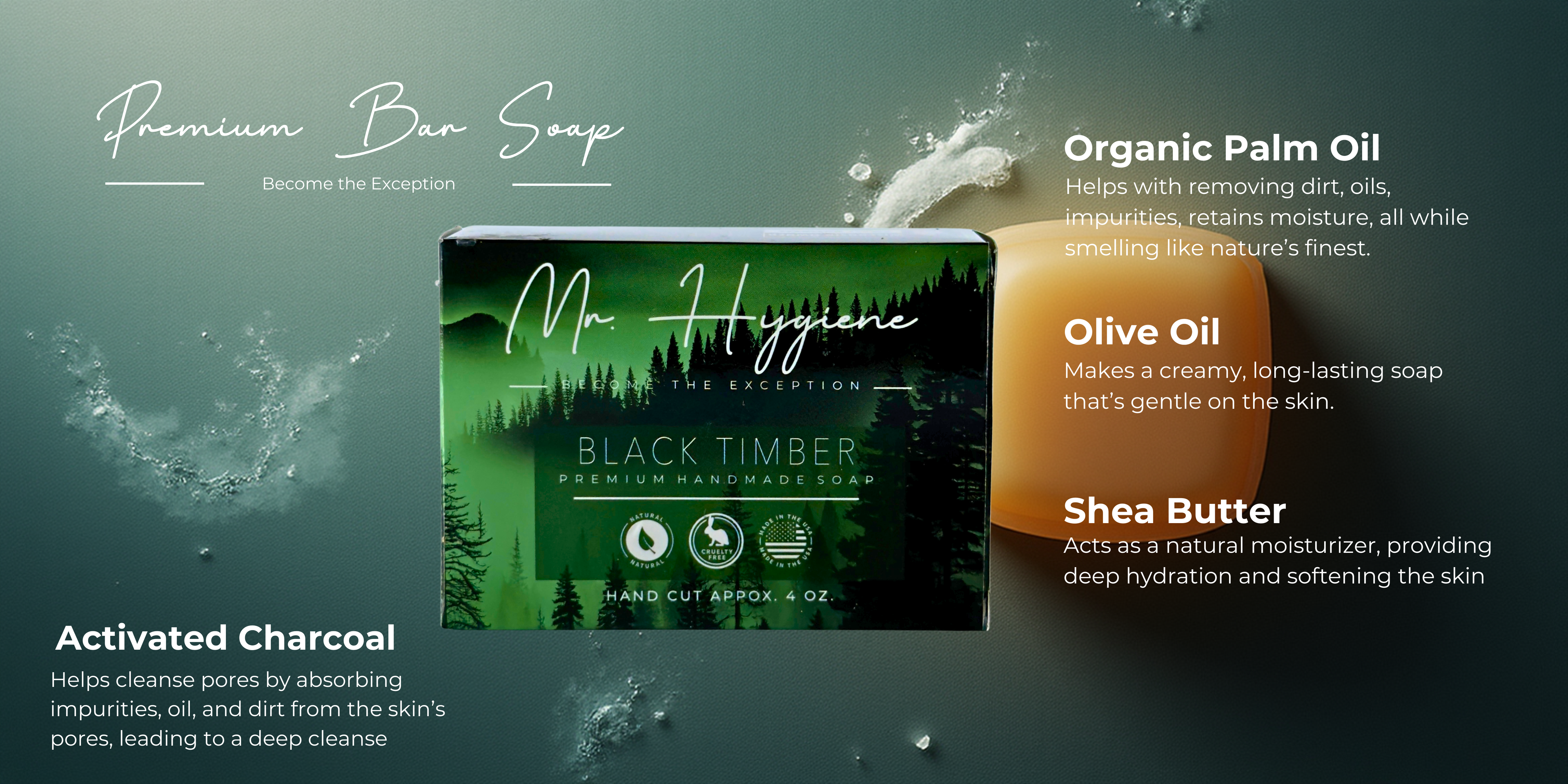Mr. Hygiene bar soap with product details on a green background