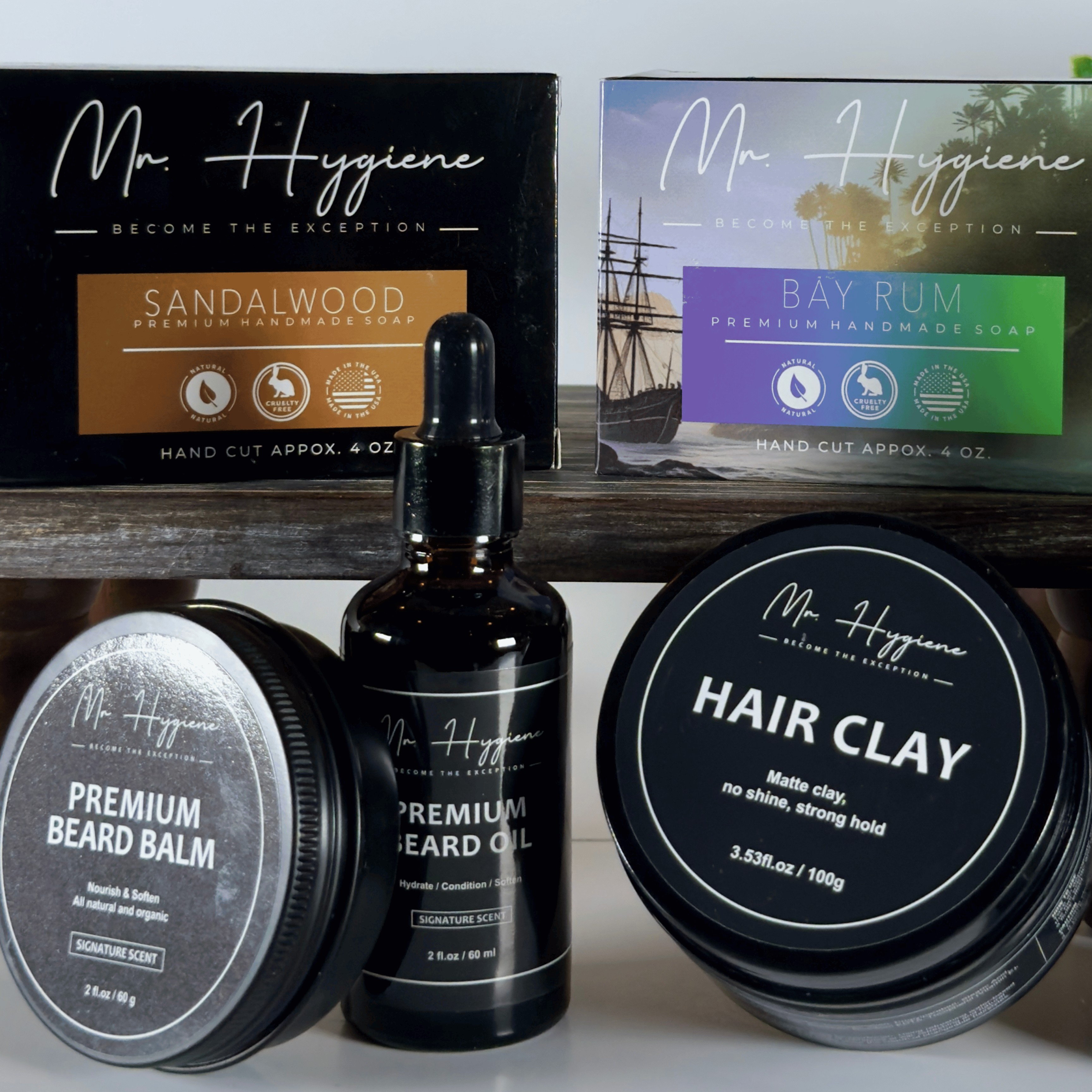Collection of Mr. Hygience grooming products on a wooden shelf with a plant in the background.