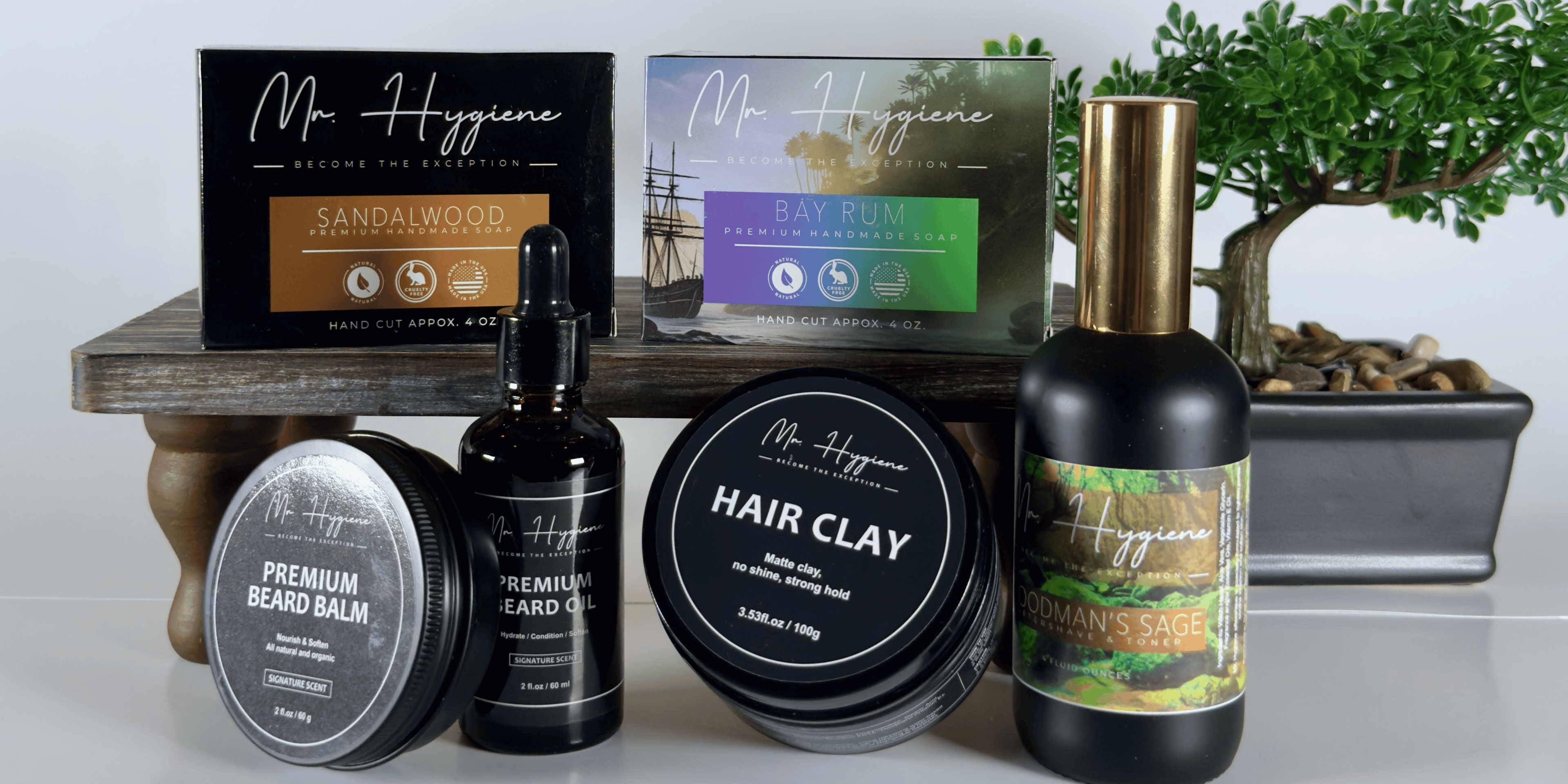 Collection of Mr. Hygience grooming products on a wooden shelf with a plant in the background.