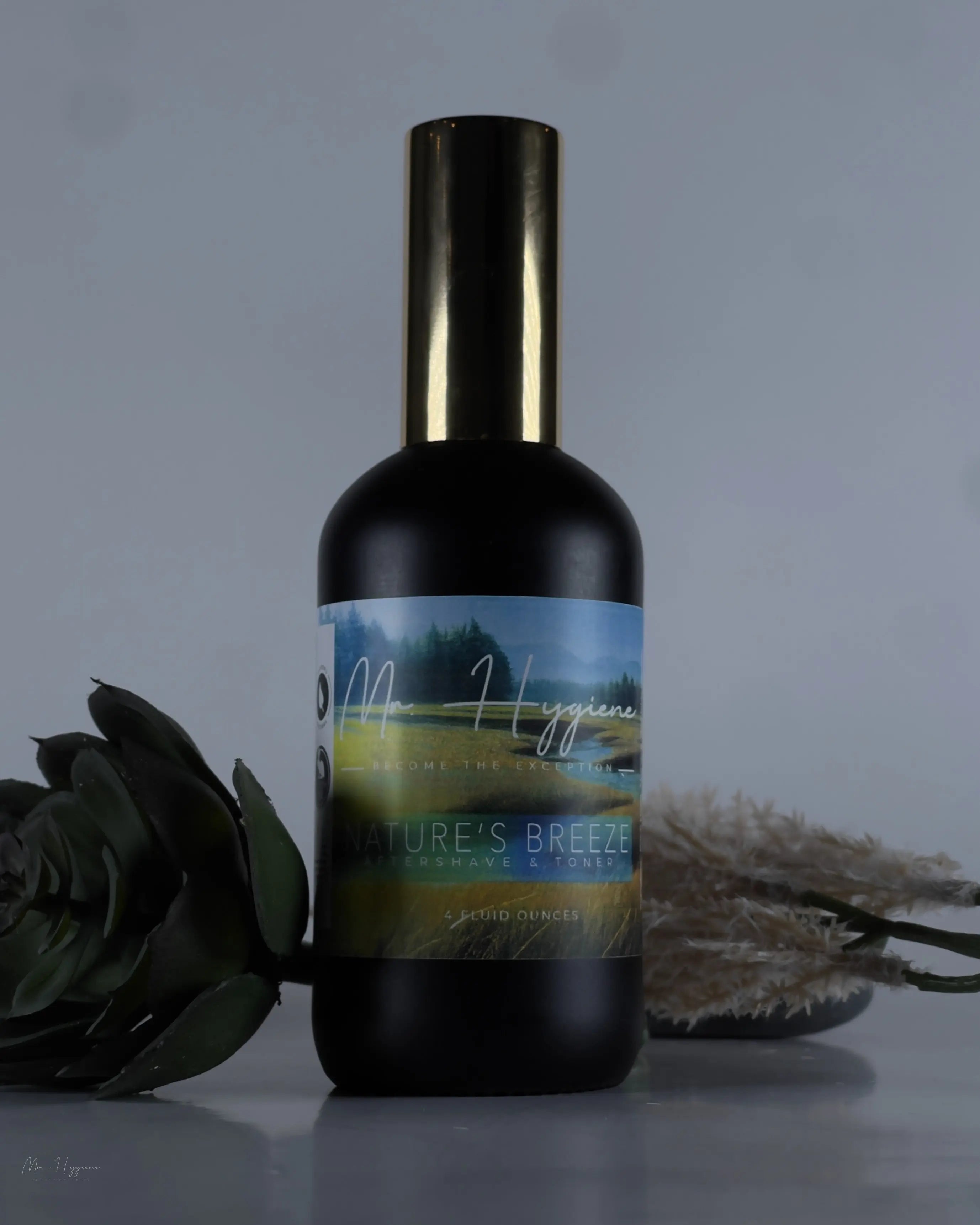 Natural Aftershave with white background and props