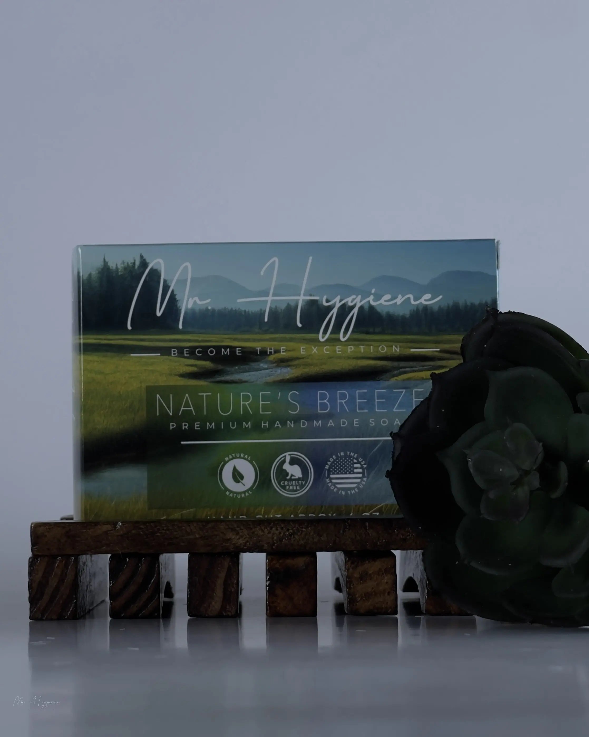 Mens Bar soap with flower and wooden dish