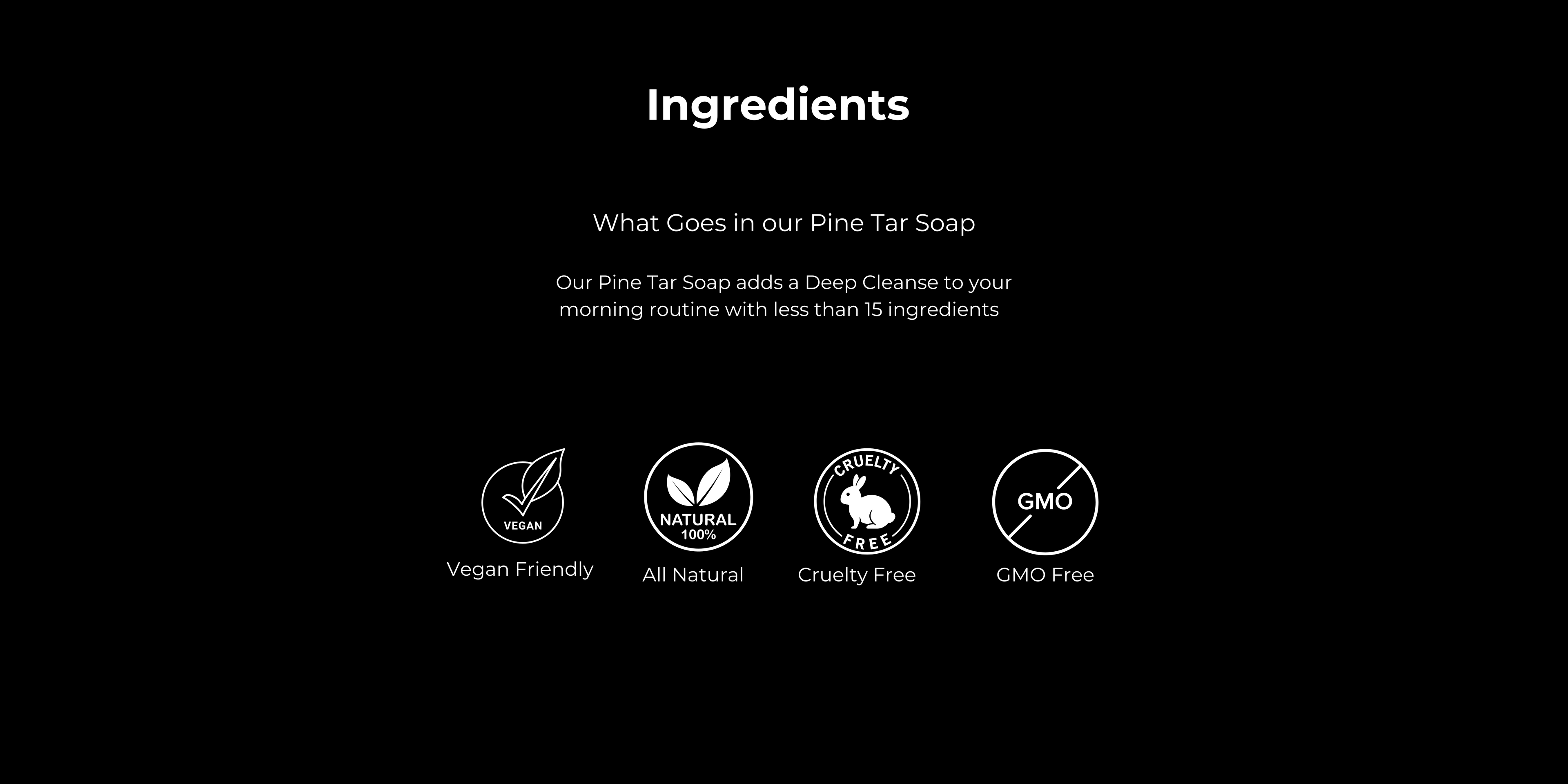 List of ingredients and product features for Pine Tar Soap on a black background