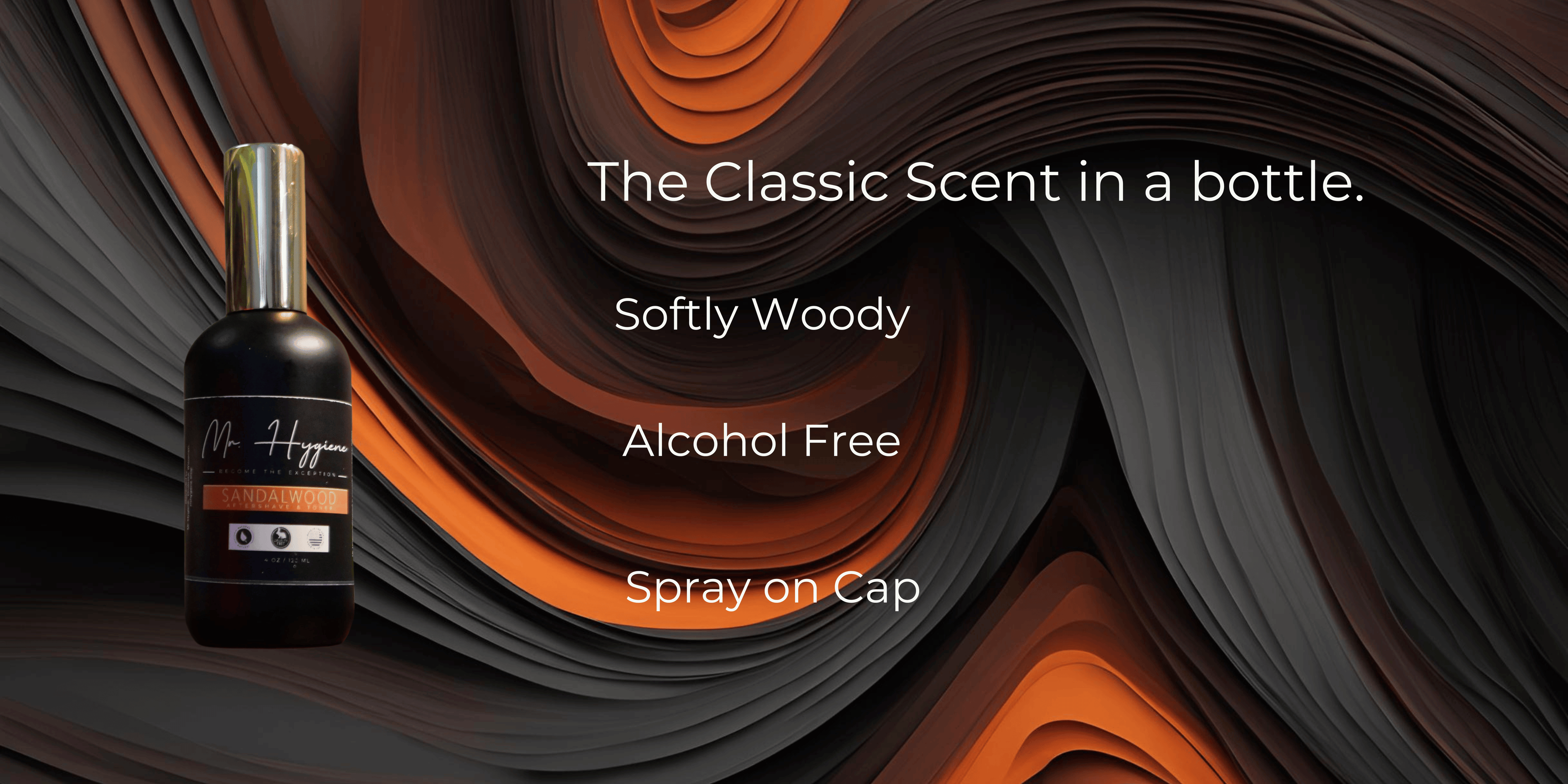 Bottle of Mr. Big fragrance with text on a swirling brown and orange background