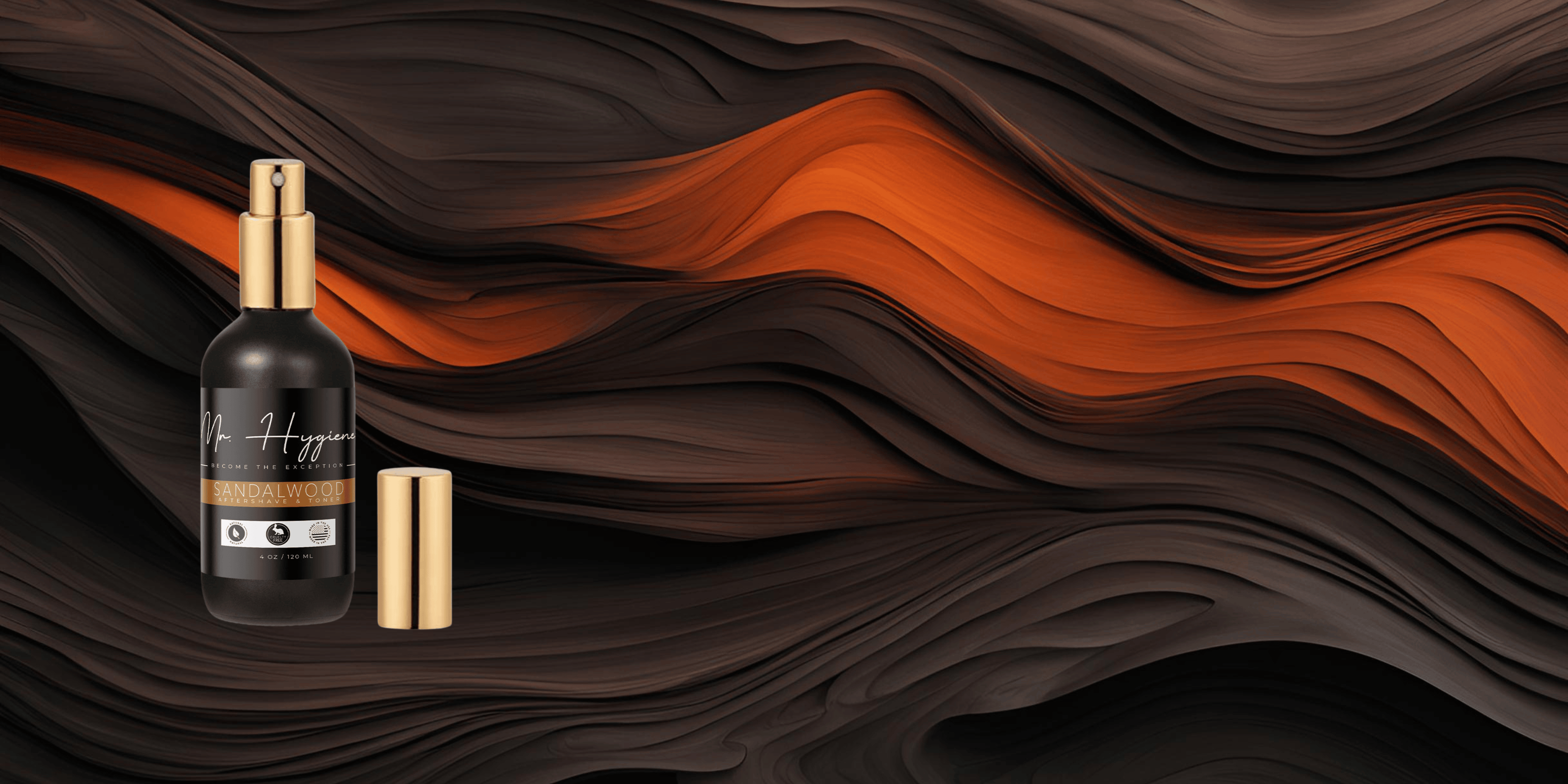 Bottle of a product with a gold cap on a wavy brown and black background