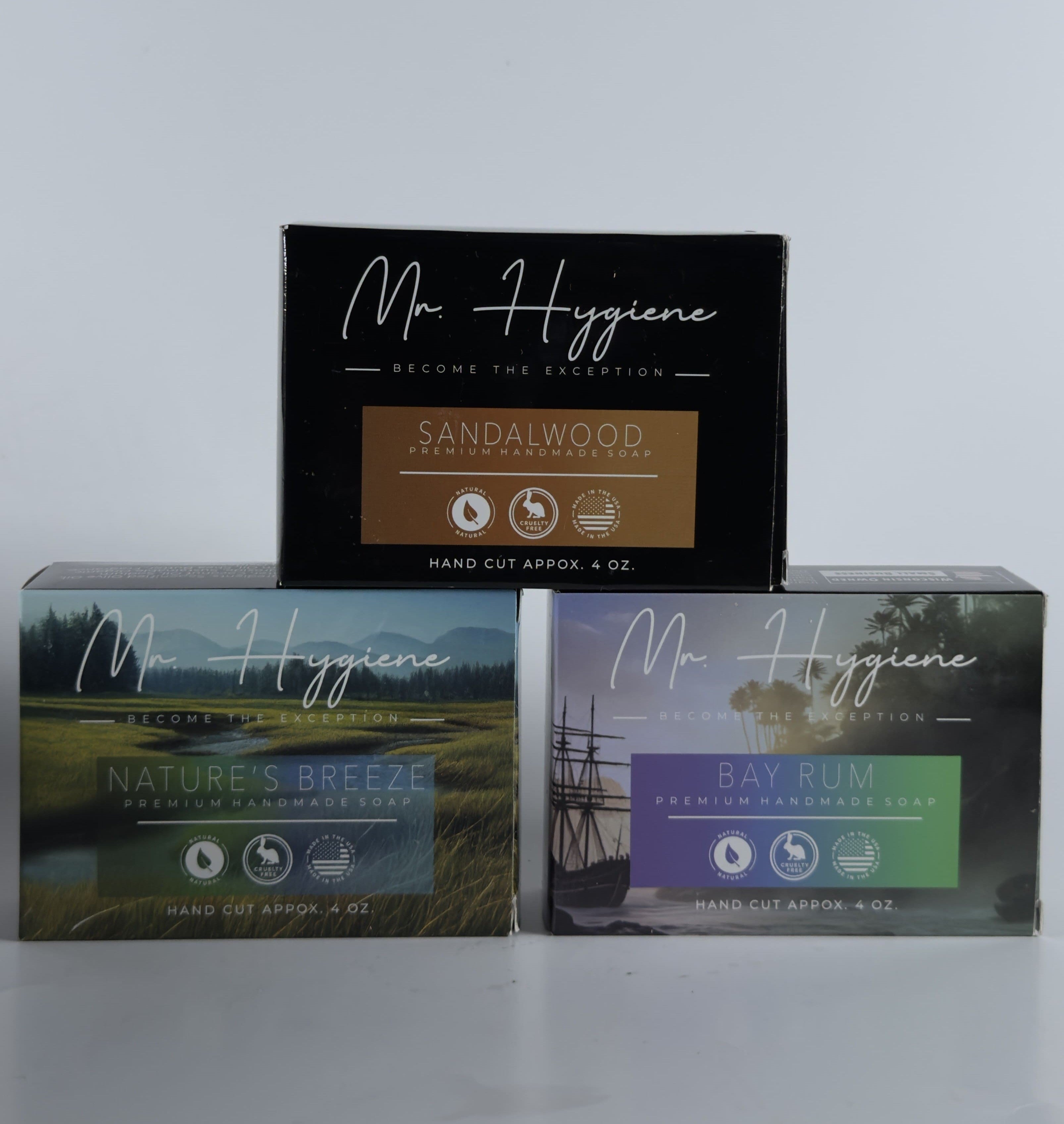 Three boxes of Mr. Hygiene hand cut soap with different scents on a white background