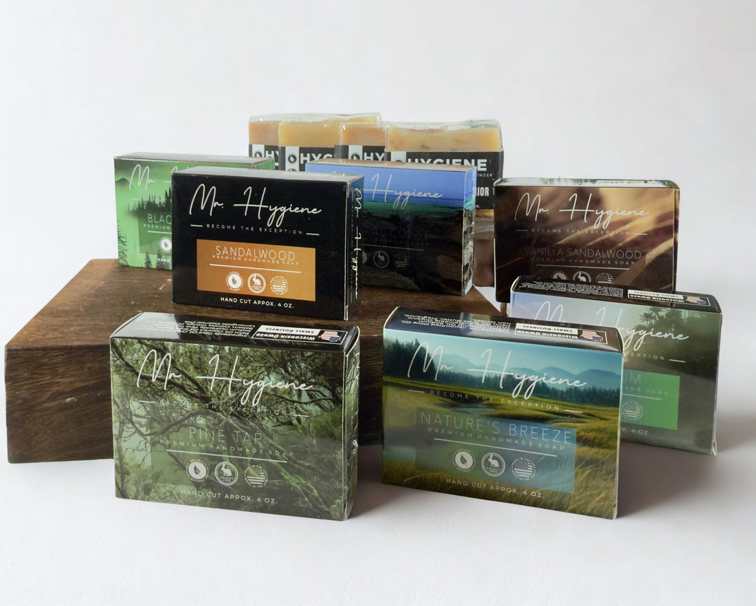 Collection of Mr. Hygienes products on a wooden block with a white background