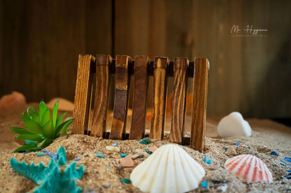 wooden soap dish in sand