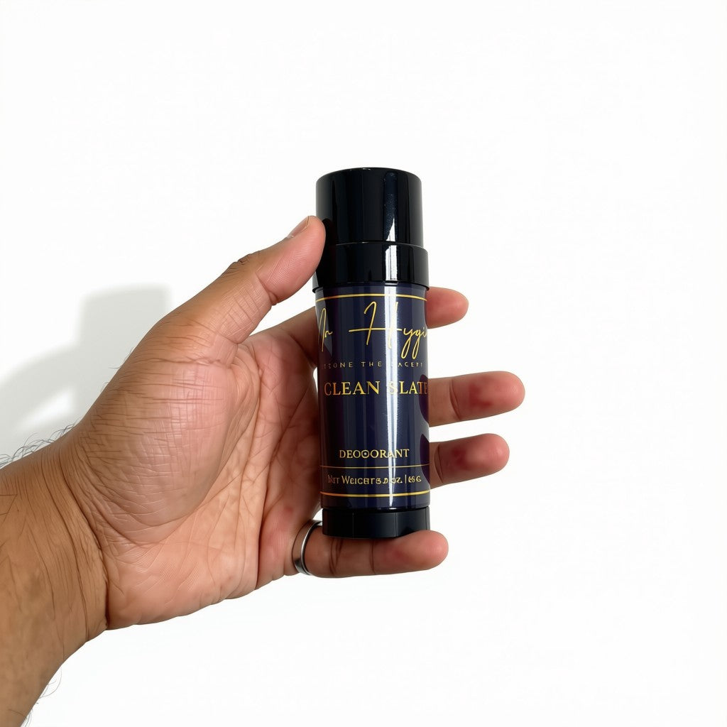 A hand holding a black cylindrical deodorant stick with gold lettering that reads &