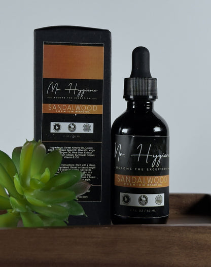 sandalwood beard oil with props