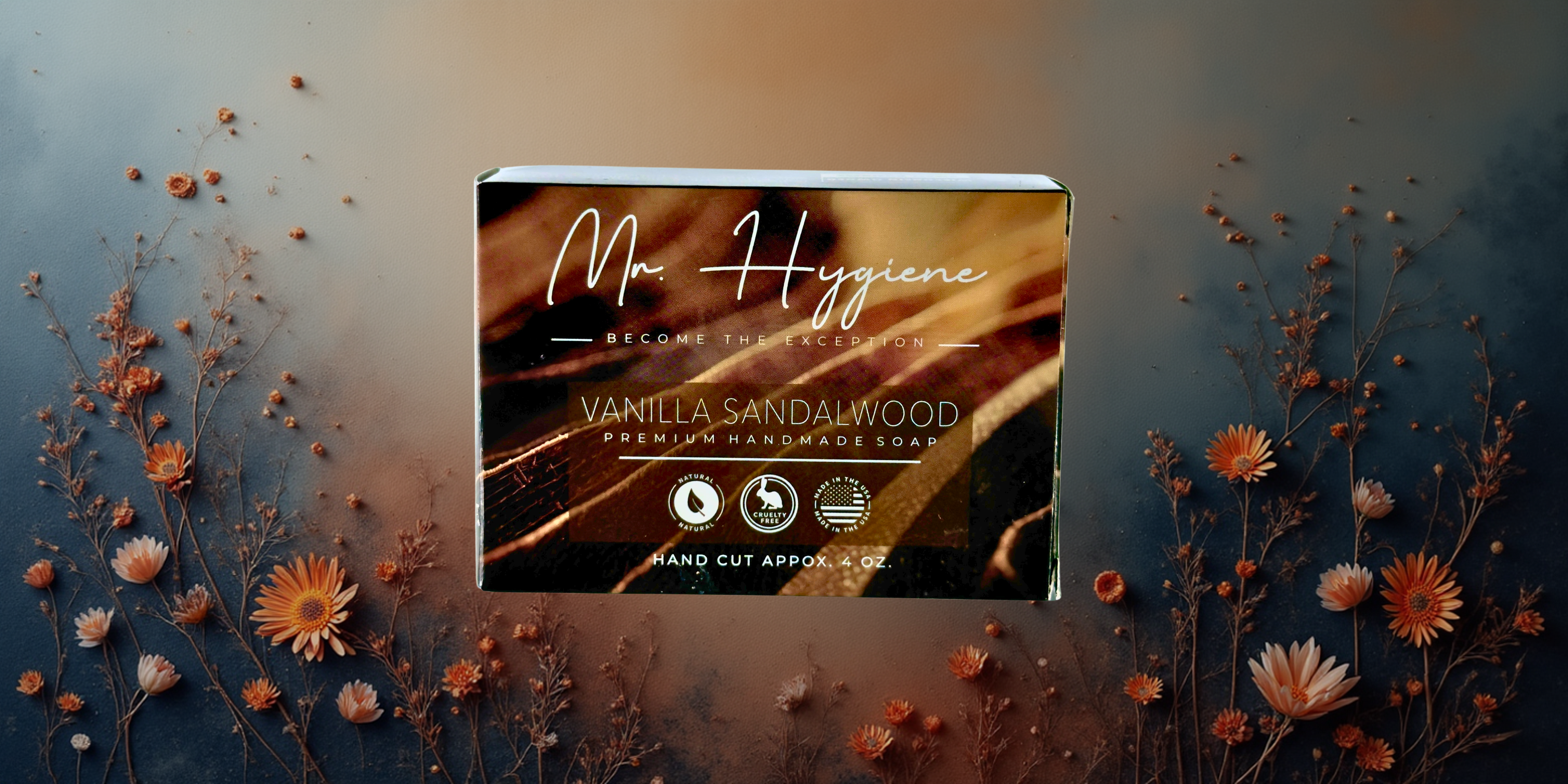 Product packaging for 'Mr Hygiene Vanilla Sandalwood' with decorative flowers on a gradient background