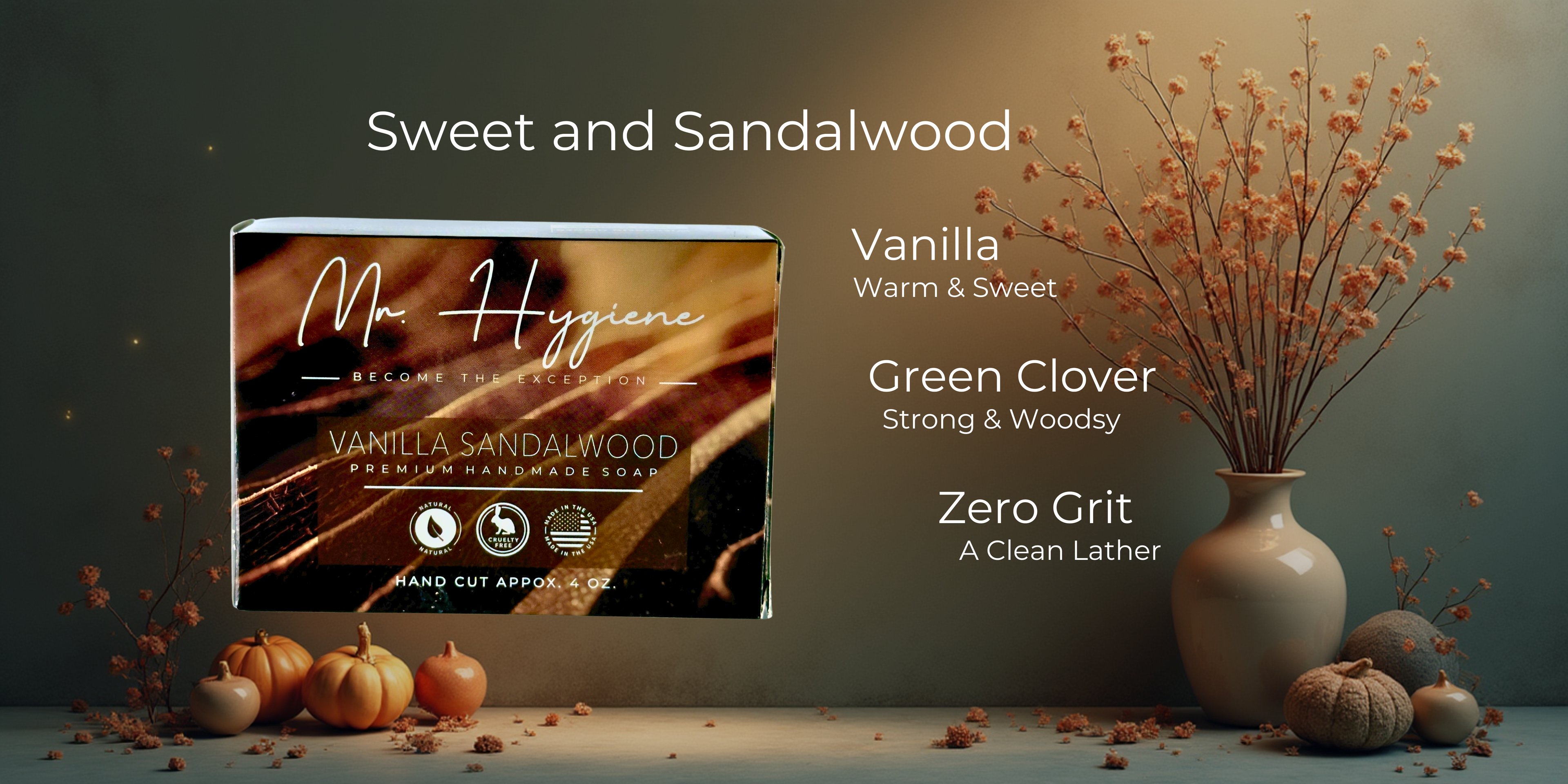 Mr. Hygiene bar of soap packaging with decorative elements on a dark background